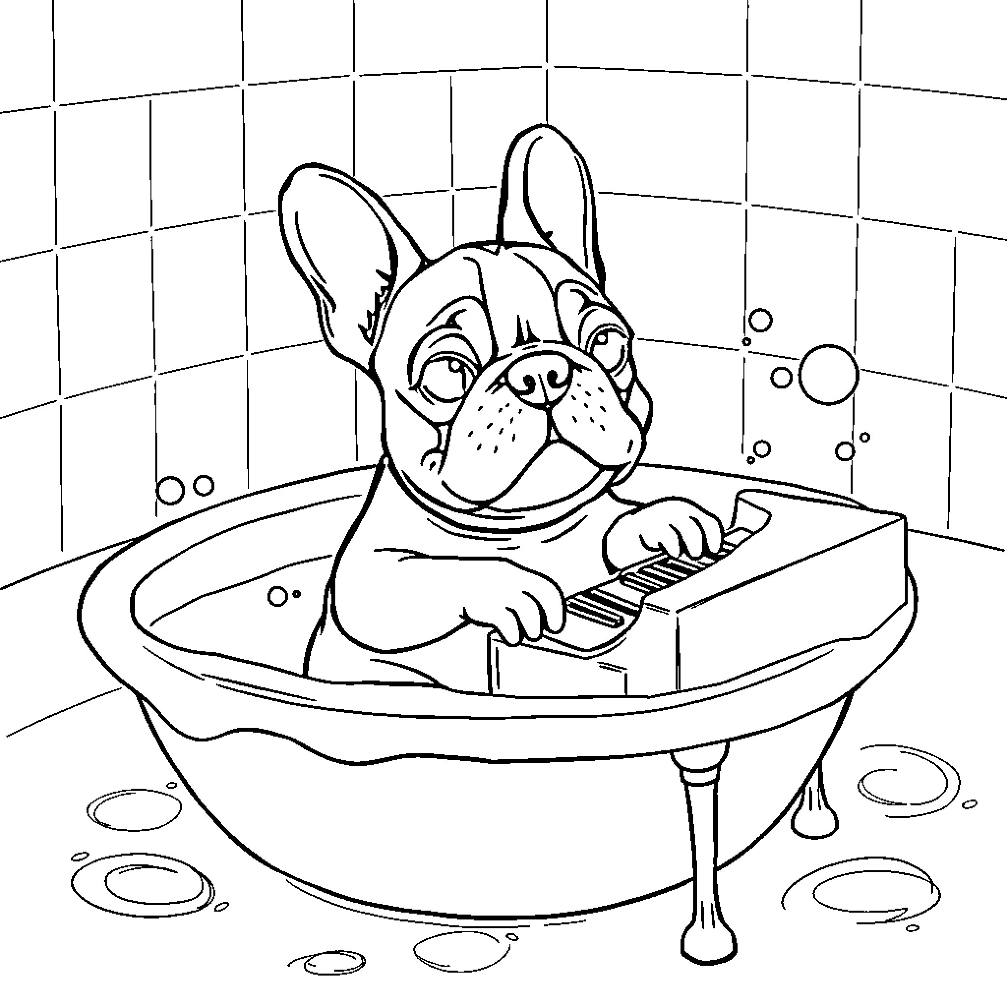 Frenchie enjoying a relaxing bath Coloring Page (free black-and-white line drawing printable PDF for all, from beginners to advanced learners, including children, teens, adults, and seniors)
