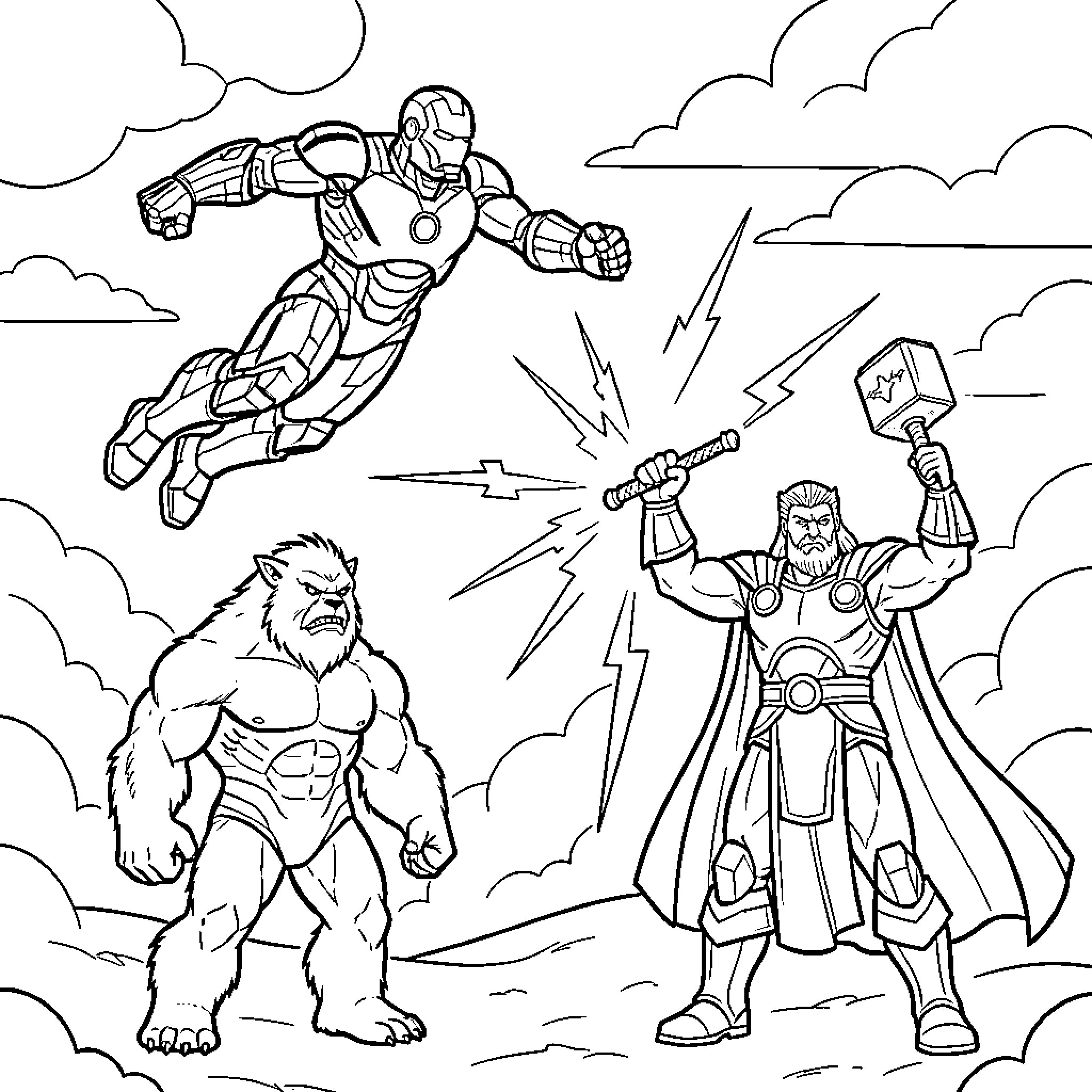 Thor Battling Hulk and Iron Man in Cloudy Sky Coloring Page (free black-and-white line drawing printable PDF for all, from beginners to advanced learners, including children, teens, adults, and seniors)
