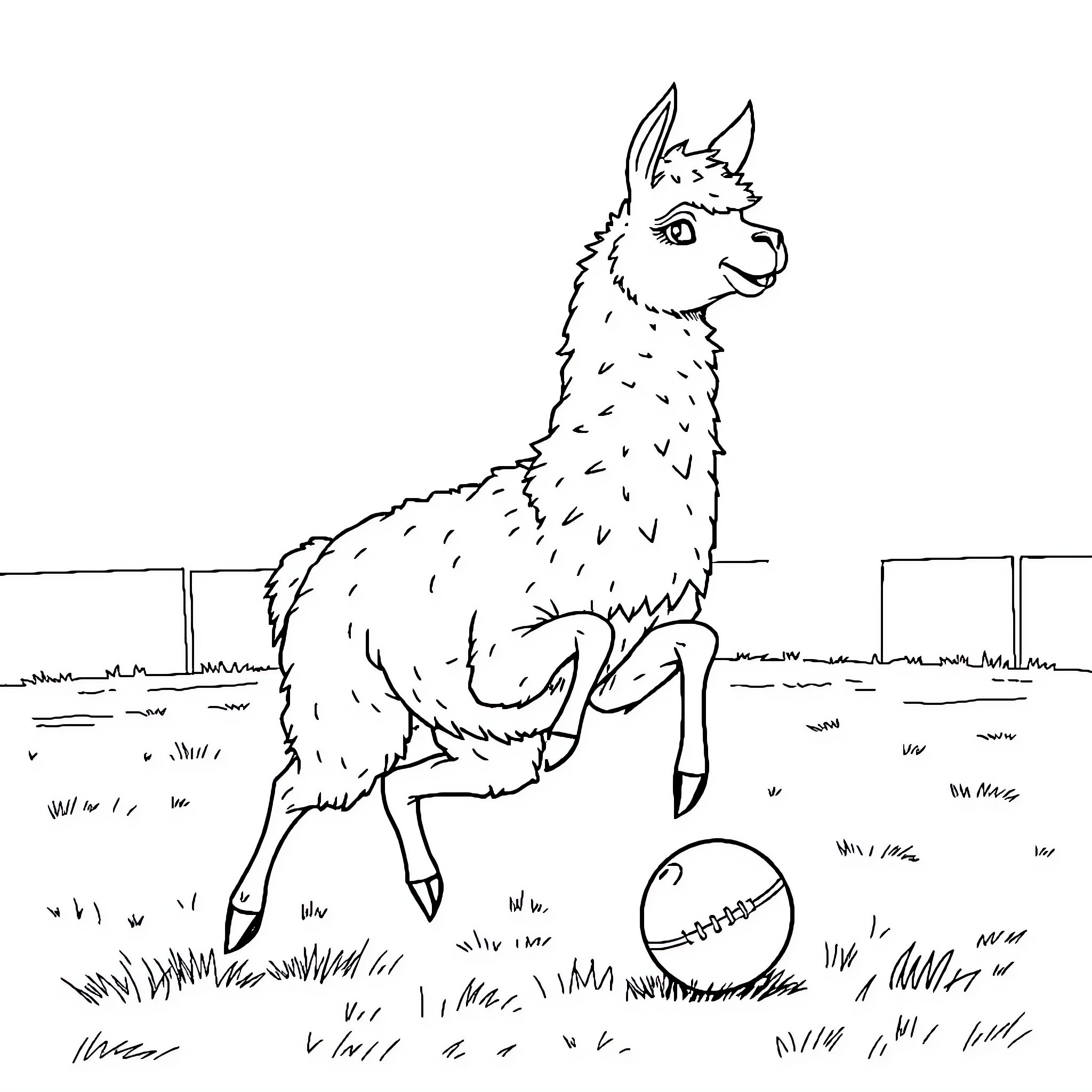 Llama playing with a ball in a field Coloring Page (free black-and-white line drawing printable PDF for all, from beginners to advanced learners, including children, teens, adults, and seniors)