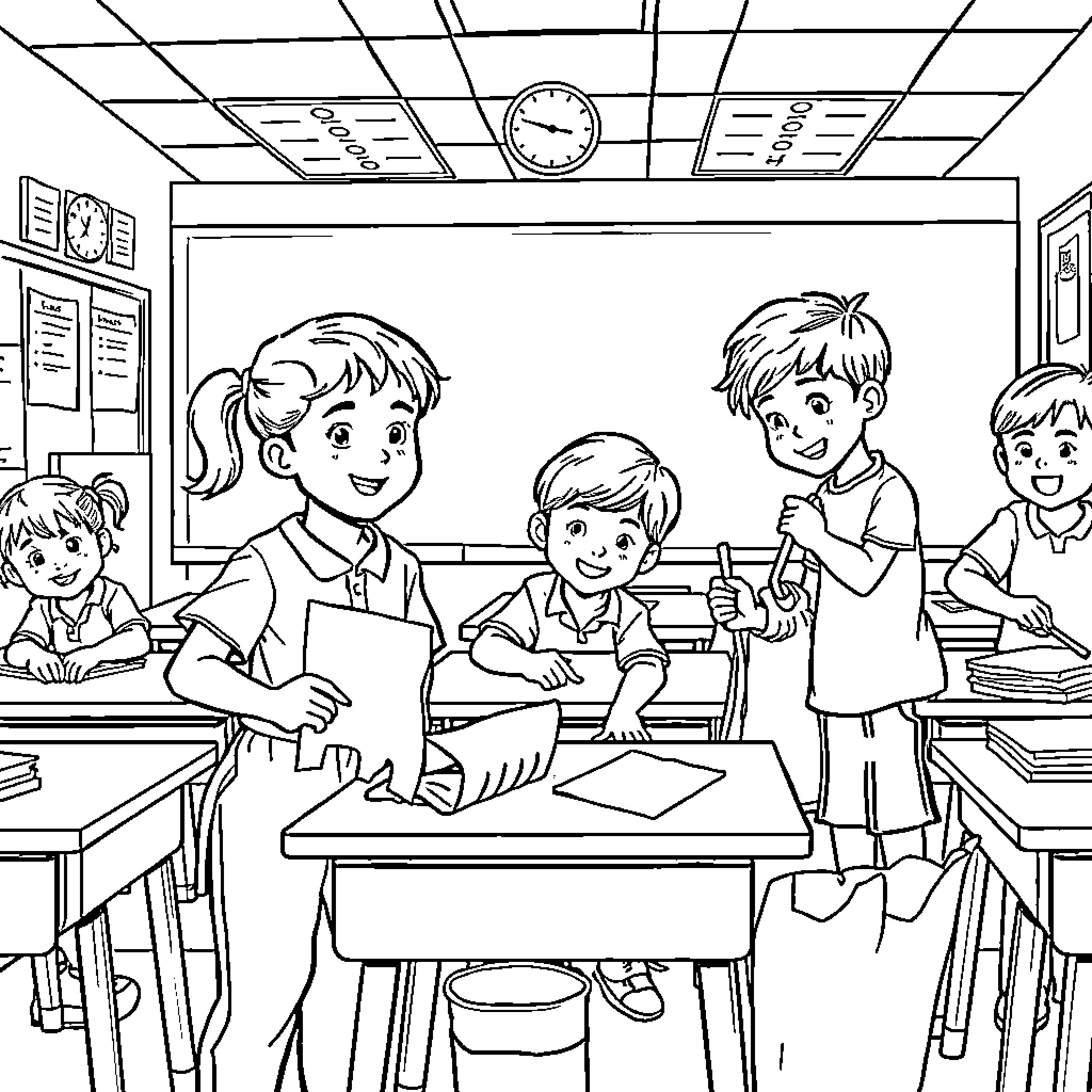 Kid students learning in a classroom setting Coloring Page (free black-and-white line drawing printable PDF for all, from beginners to advanced learners, including children, teens, adults, and seniors)