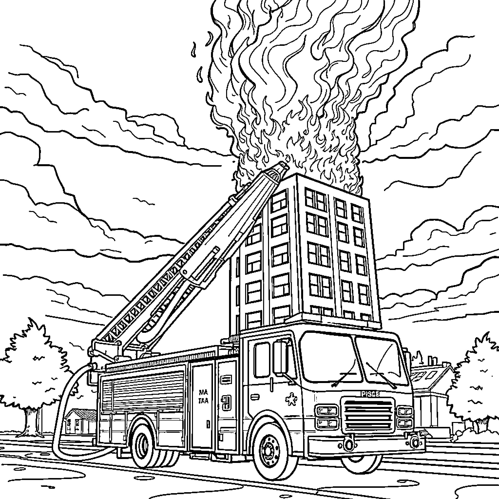 Firetruck Responding to Emergency at Burning Building Coloring Page (free black-and-white line drawing printable PDF for all, from beginners to advanced learners, including children, teens, adults, and seniors)