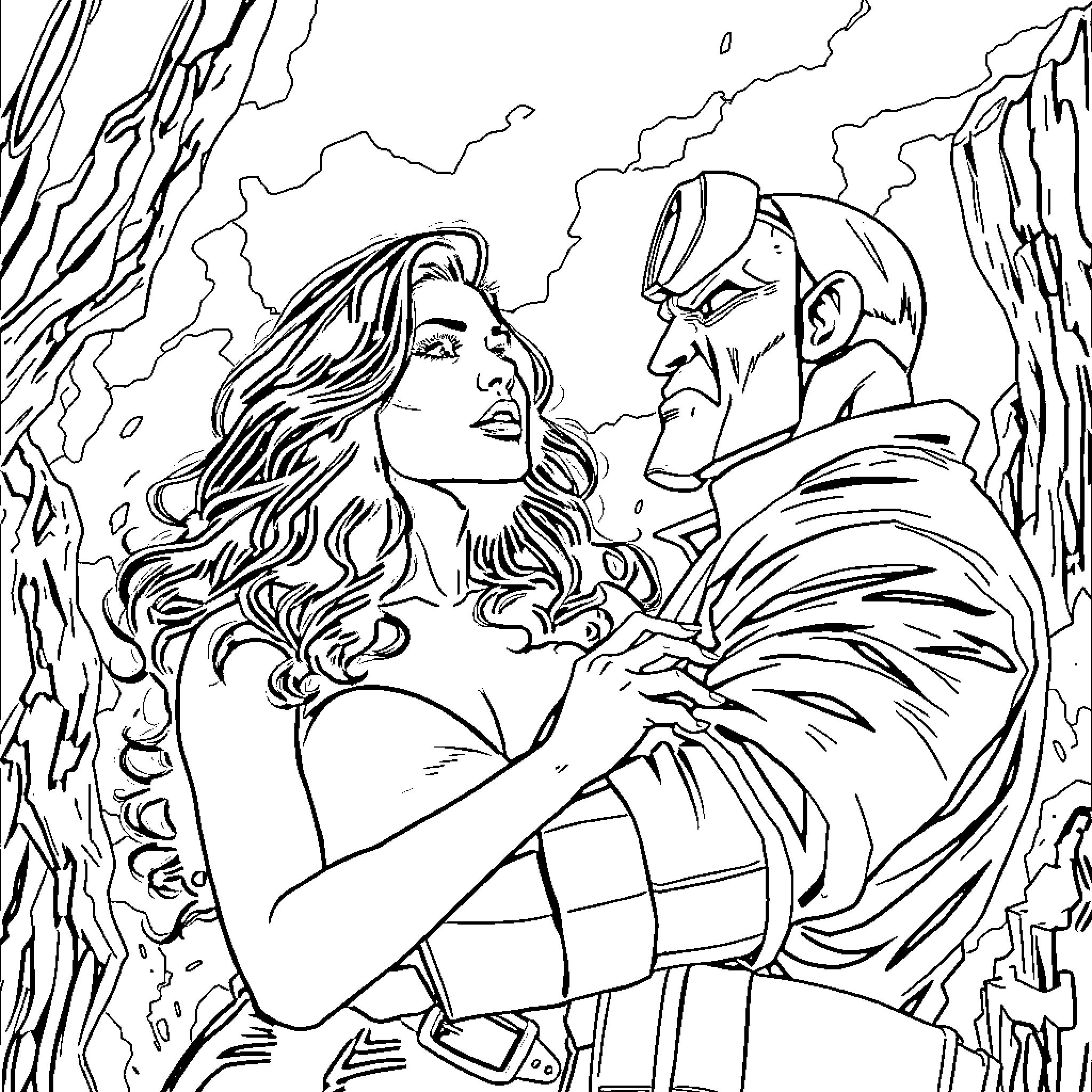 Salma Hayek in an intense embrace with a man Coloring Page (free black-and-white line drawing printable PDF for all, from beginners to advanced learners, including children, teens, adults, and seniors)