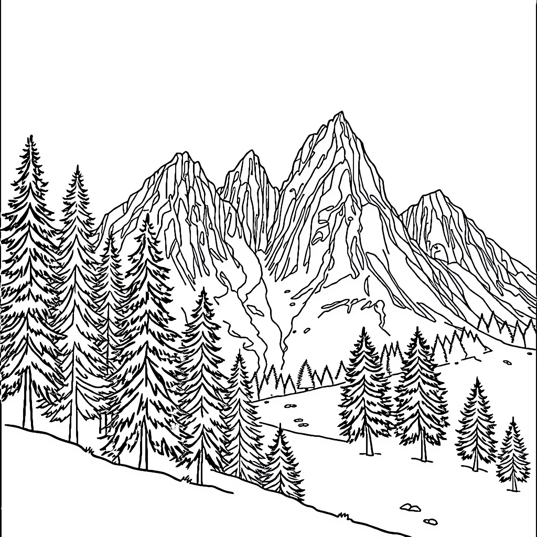 Jura Mountain Landscape with Snowy Peaks and Evergreen Trees Coloring Page (free black-and-white line drawing printable PDF for all, from beginners to advanced learners, including children, teens, adults, and seniors)
