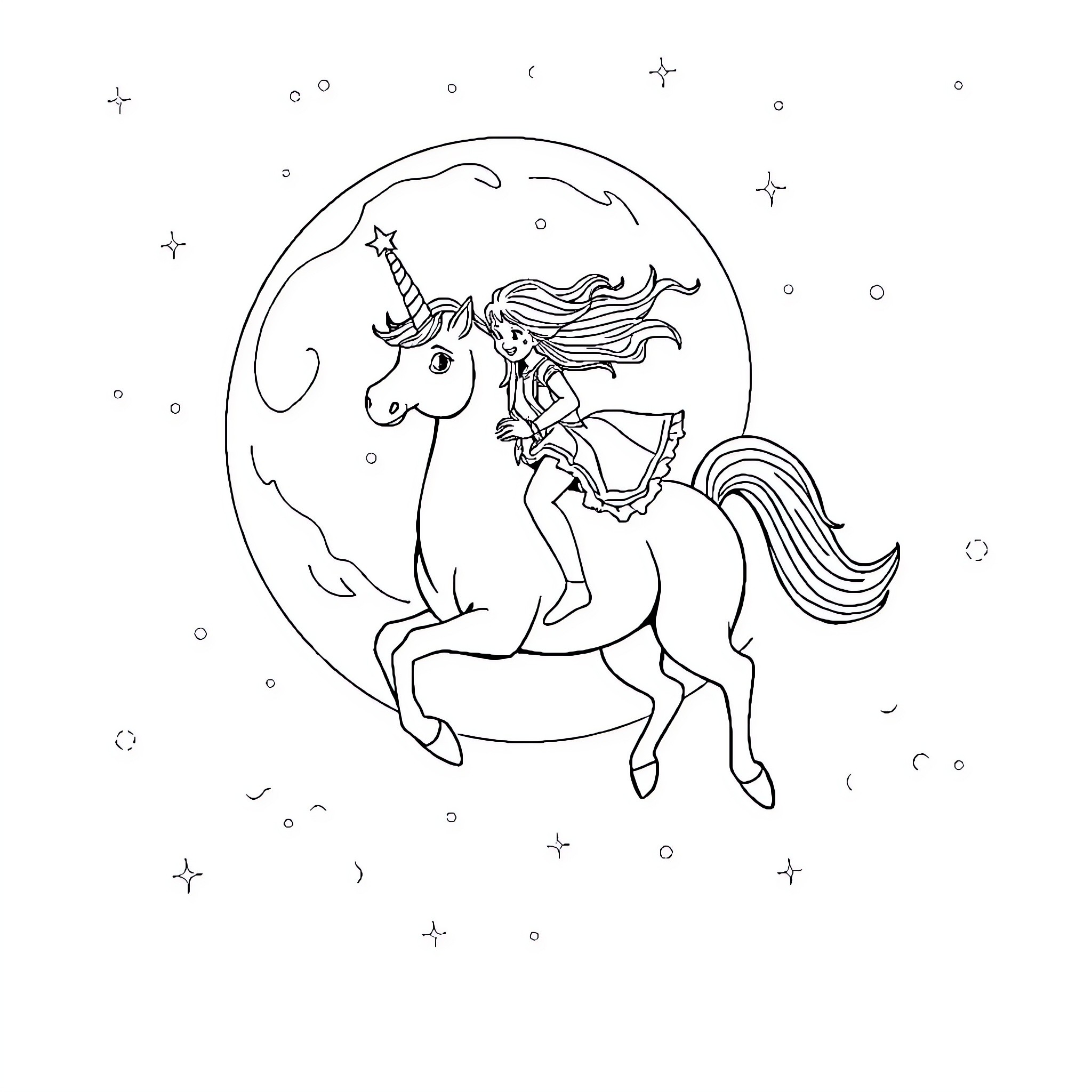 Girl riding magical unicorn under starry night sky Coloring Page (free black-and-white line drawing printable PDF for all, from beginners to advanced learners, including children, teens, adults, and seniors)