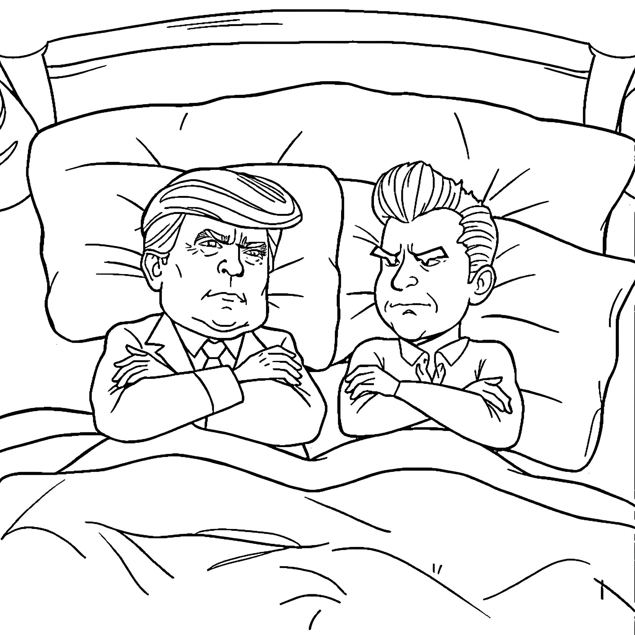 Trump and companion in a tense conversation Coloring Page (free black-and-white line drawing printable PDF for all, from beginners to advanced learners, including children, teens, adults, and seniors)