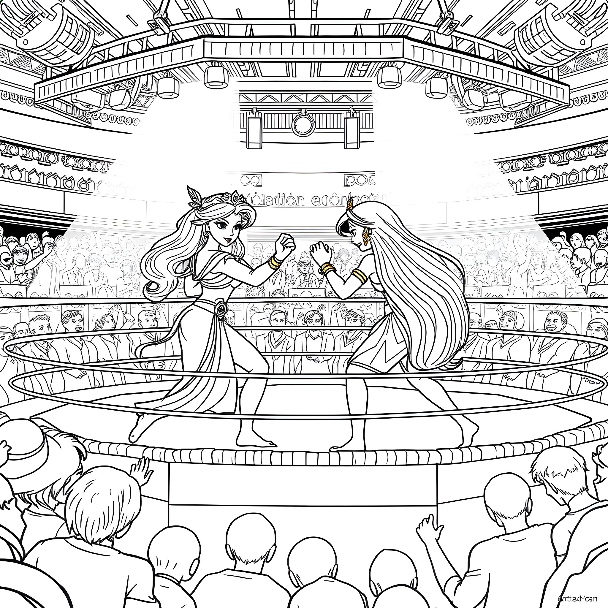 Princess Princesses Competing in a Gladiatorial Arena Coloring Page (free black-and-white line drawing printable PDF for all, from beginners to advanced learners, including children, teens, adults, and seniors)