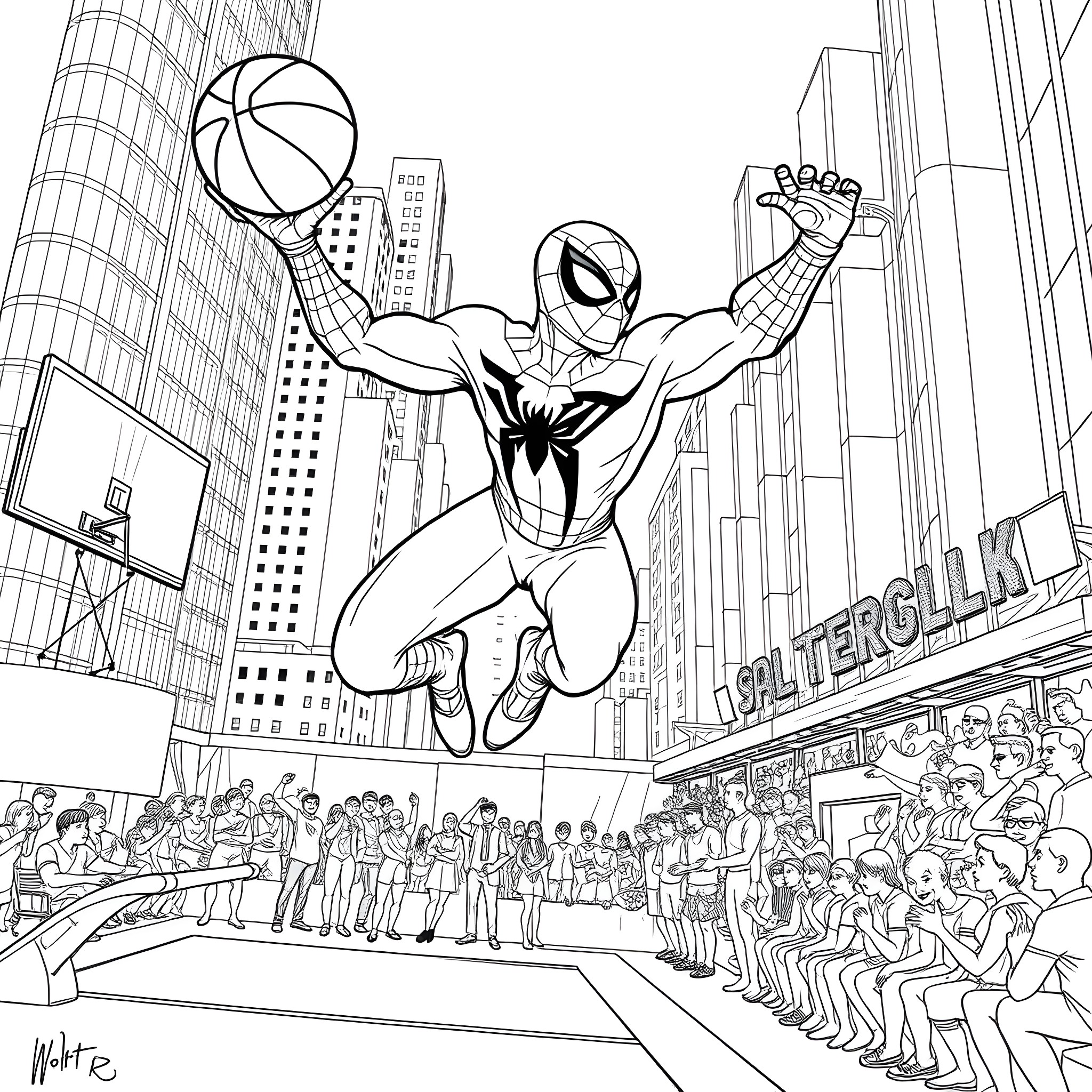 Spider-Man swinging through the city with basketball Coloring Page (free black-and-white line drawing printable PDF for all, from beginners to advanced learners, including children, teens, adults, and seniors)