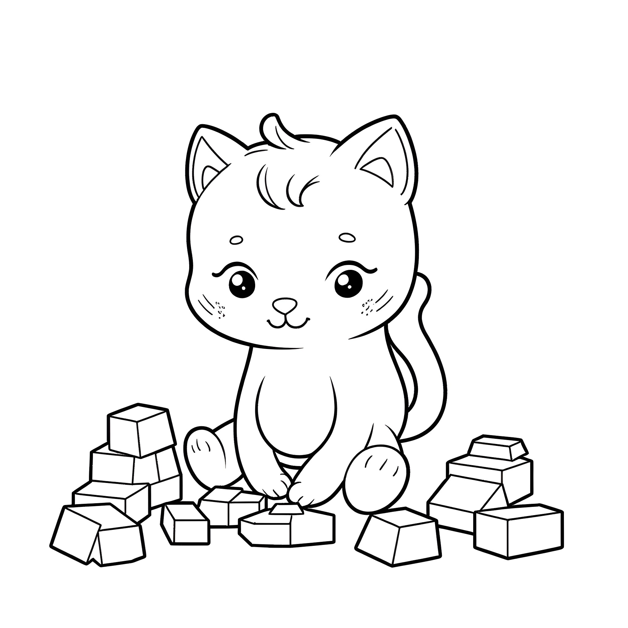 Cat Boy Playing with Building Blocks Coloring Page (free black-and-white line drawing printable PDF for all, from beginners to advanced learners, including children, teens, adults, and seniors)