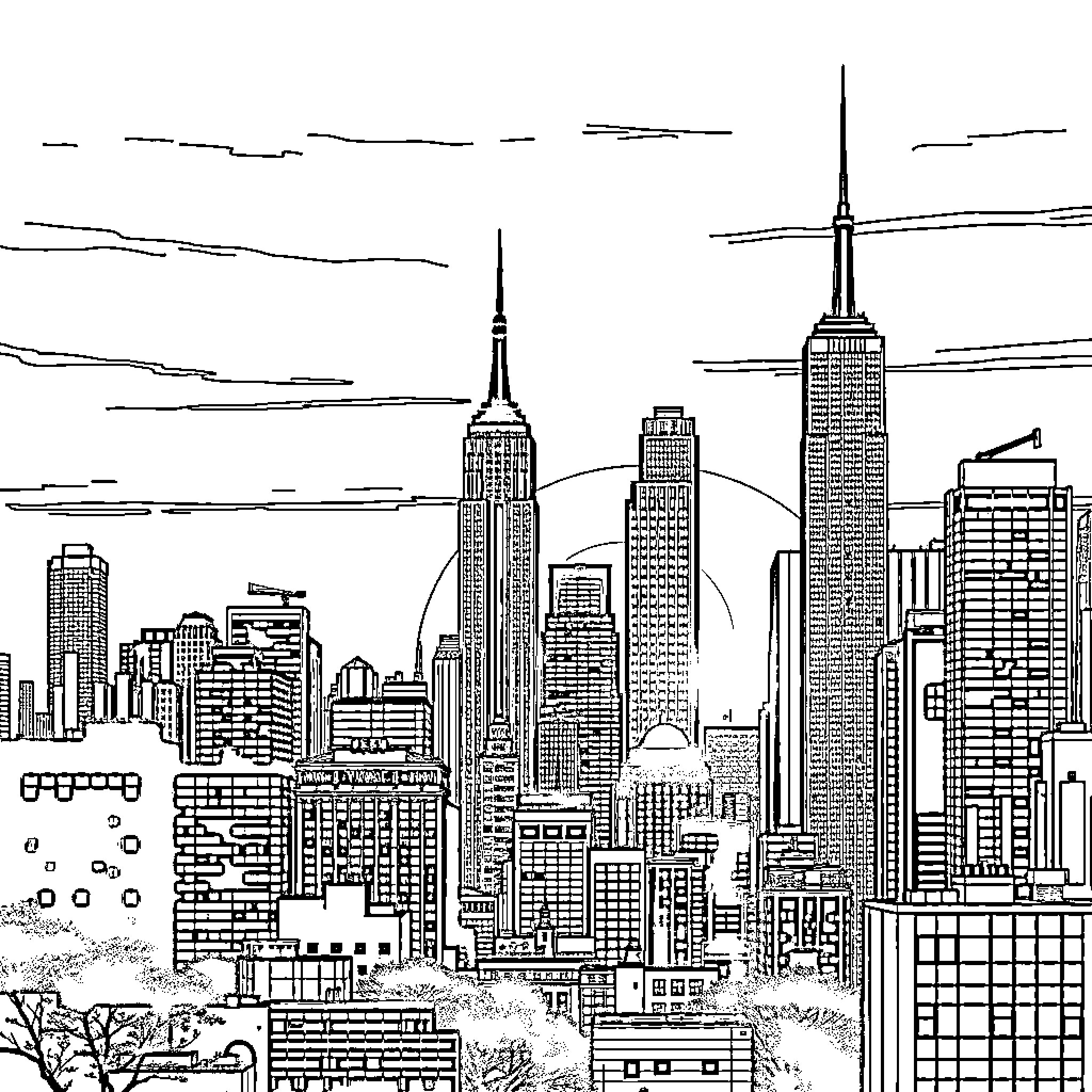 New York City Skyline Sketch Coloring Page (free black-and-white line drawing printable PDF for all, from beginners to advanced learners, including children, teens, adults, and seniors)
