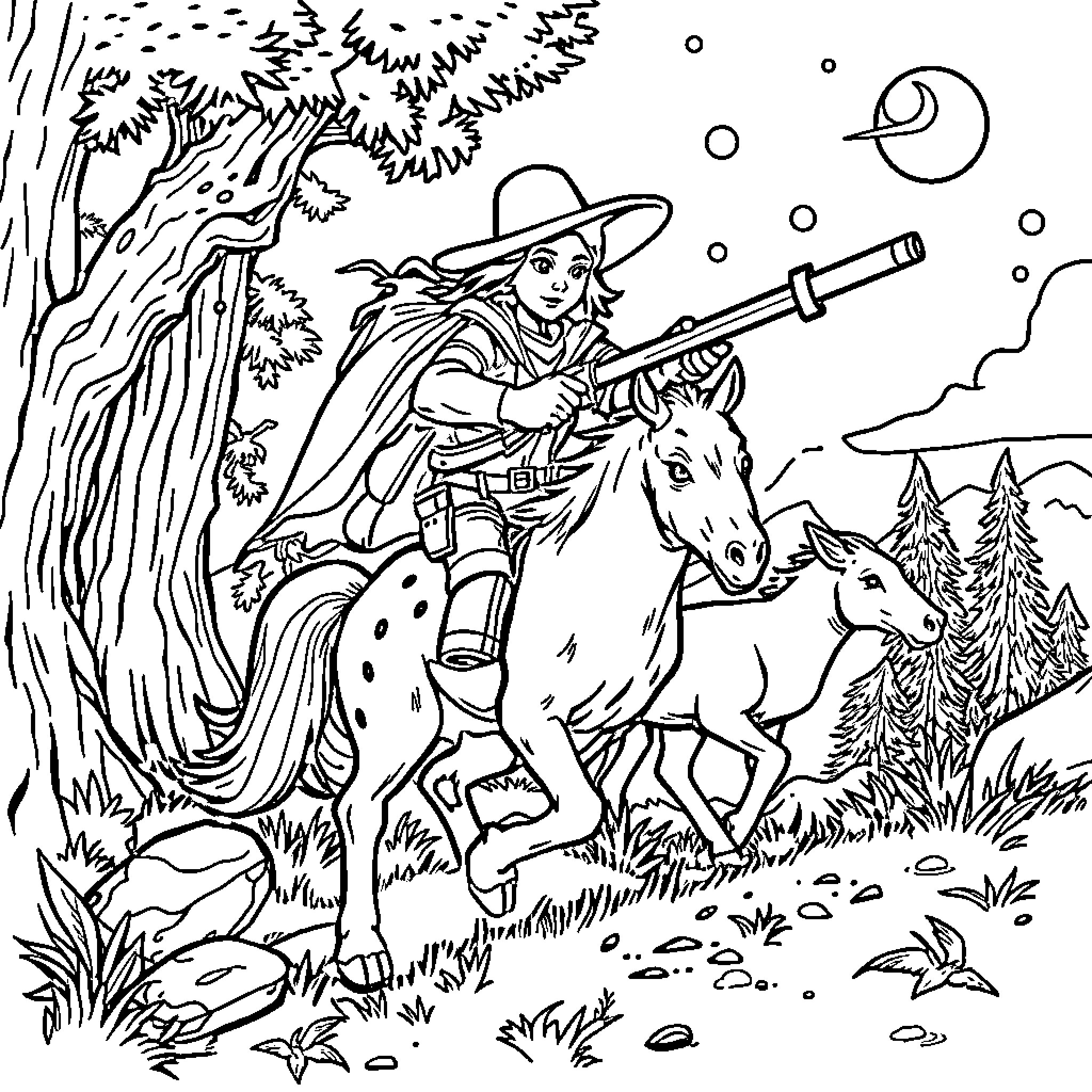 Huntrix on Horseback in Moonlit Forest Coloring Page (free black-and-white line drawing printable PDF for all, from beginners to advanced learners, including children, teens, adults, and seniors)