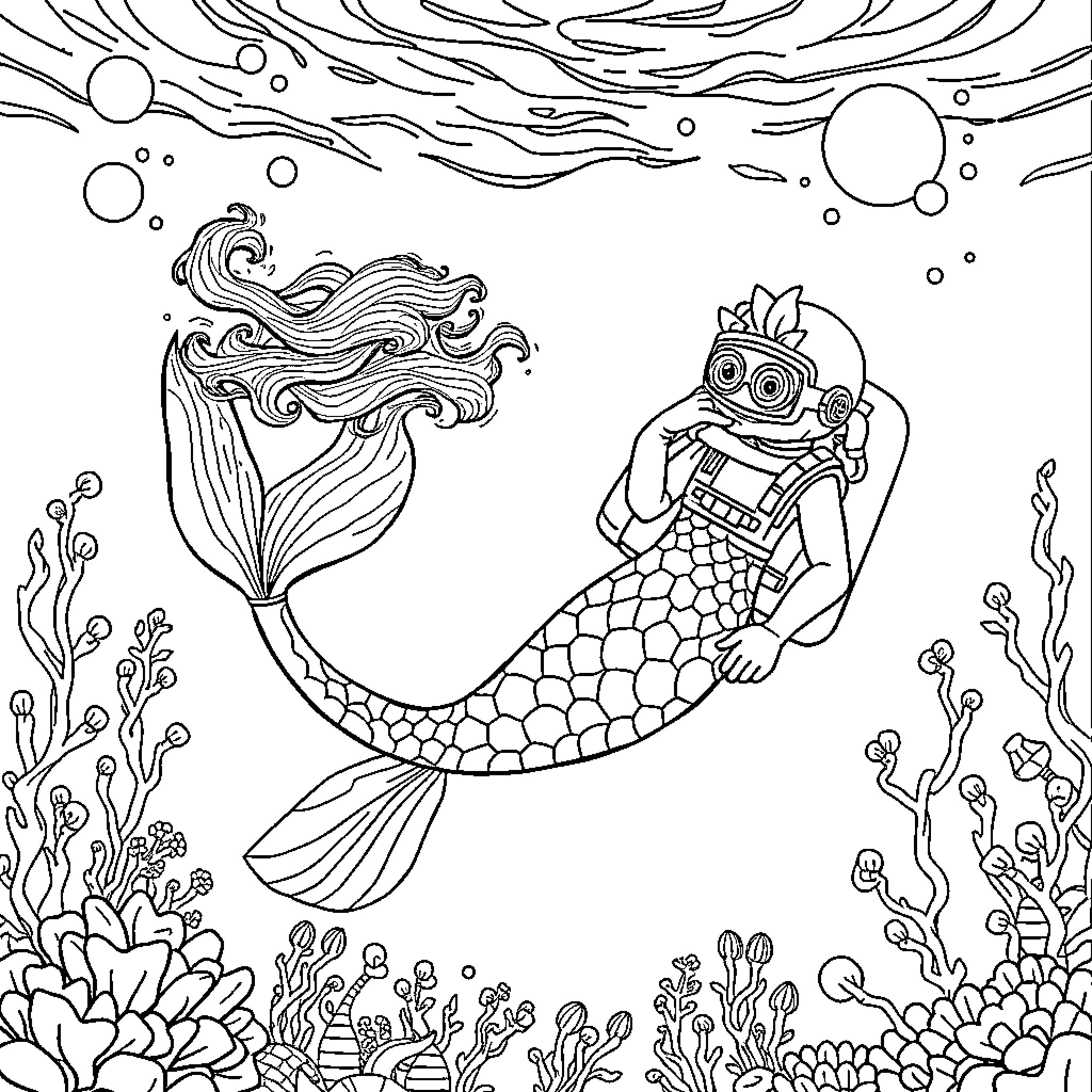 Merman exploring the underwater world with curiosity Coloring Page (free black-and-white line drawing printable PDF for all, from beginners to advanced learners, including children, teens, adults, and seniors)