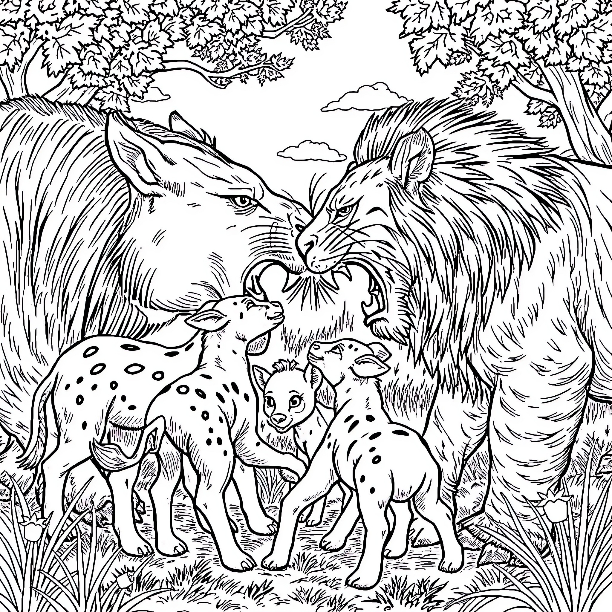 Animal family in the forest Coloring Page (free black-and-white line drawing printable PDF for all, from beginners to advanced learners, including children, teens, adults, and seniors)