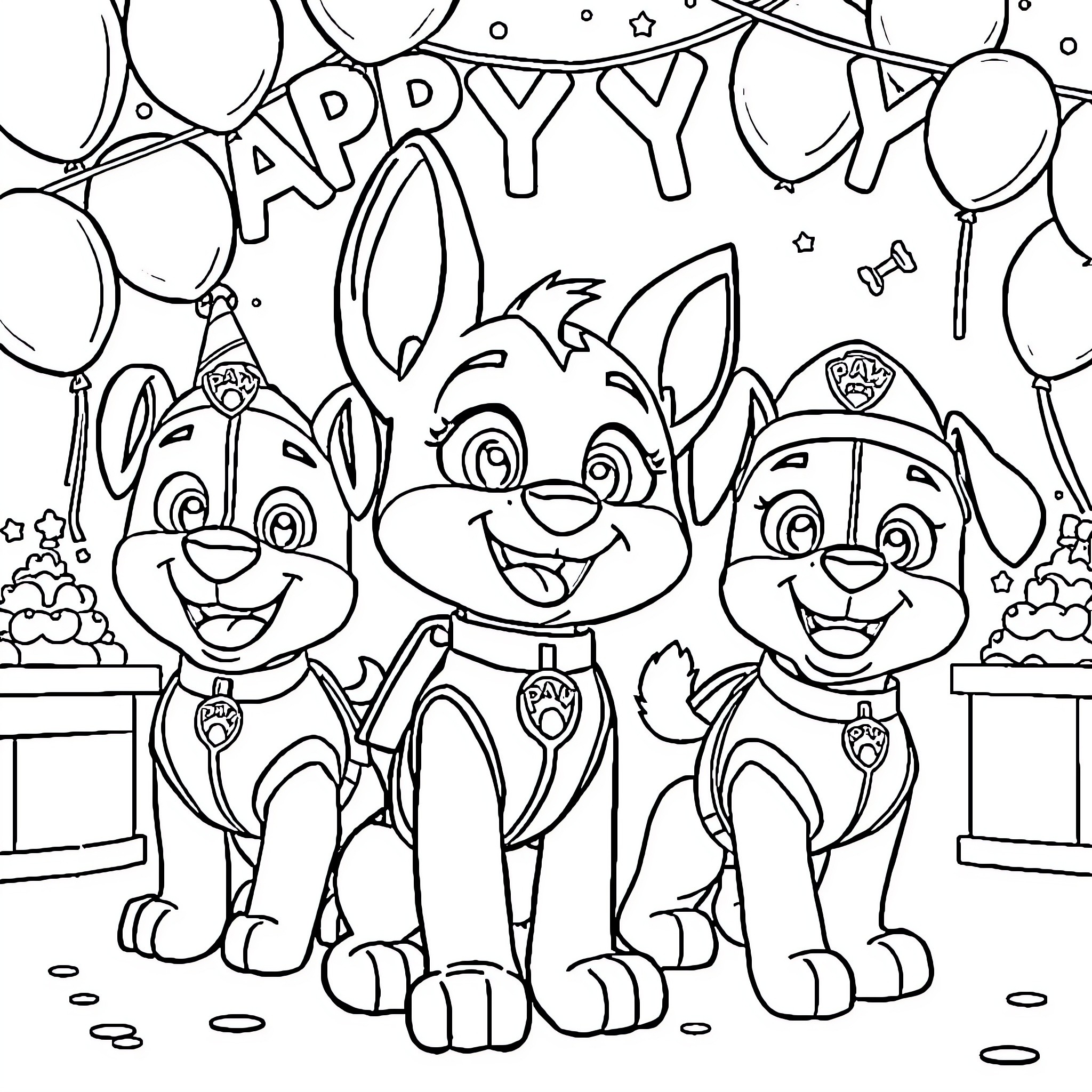 Stitches Happy Puppy Party Coloring Page (free black-and-white line drawing printable PDF for all, from beginners to advanced learners, including children, teens, adults, and seniors)