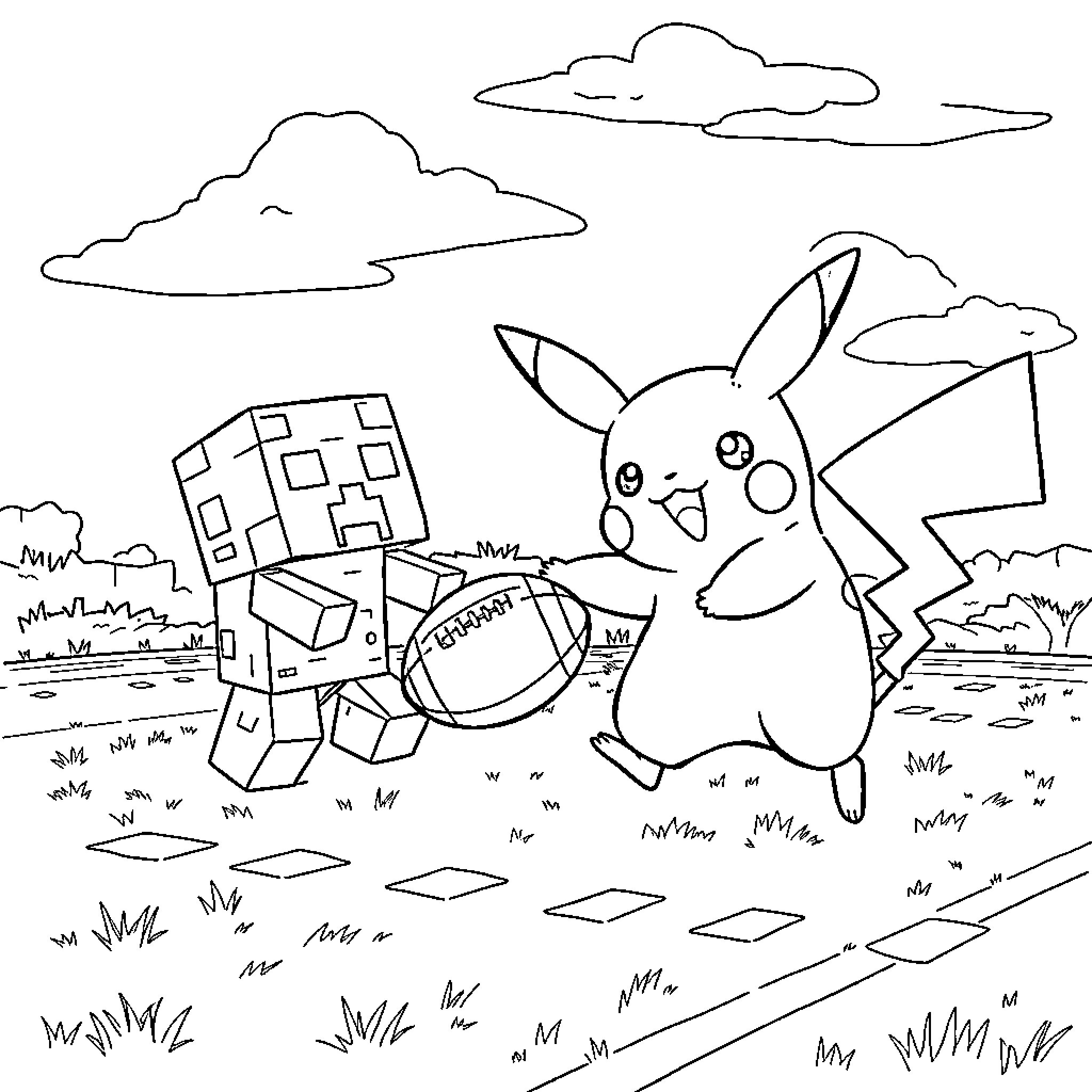 Pikachu chasing after Minecraft blocks in the countryside Coloring Page (free black-and-white line drawing printable PDF for all, from beginners to advanced learners, including children, teens, adults, and seniors)