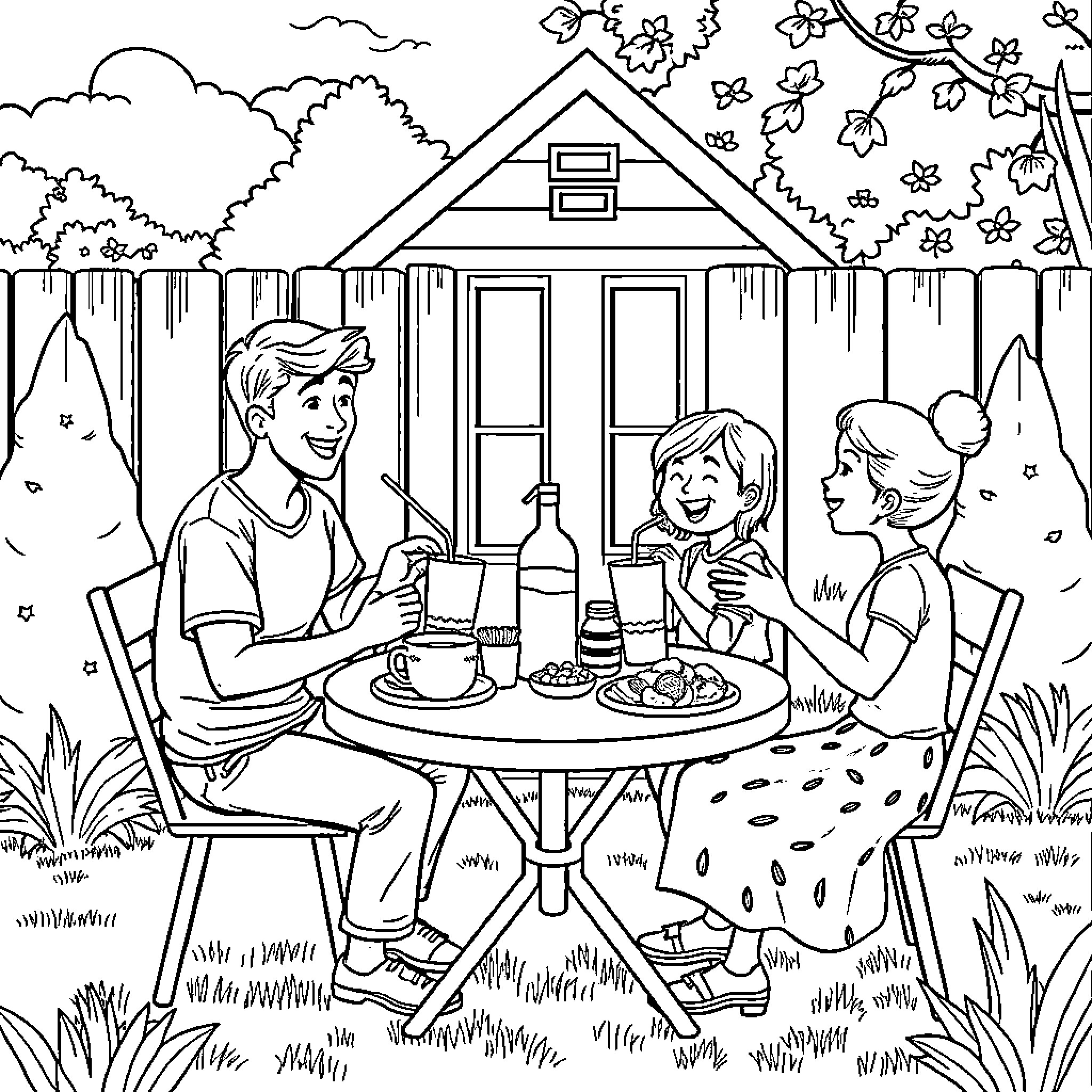 Family Enjoying Meal Together Outdoors Coloring Page (free black-and-white line drawing printable PDF for all, from beginners to advanced learners, including children, teens, adults, and seniors)