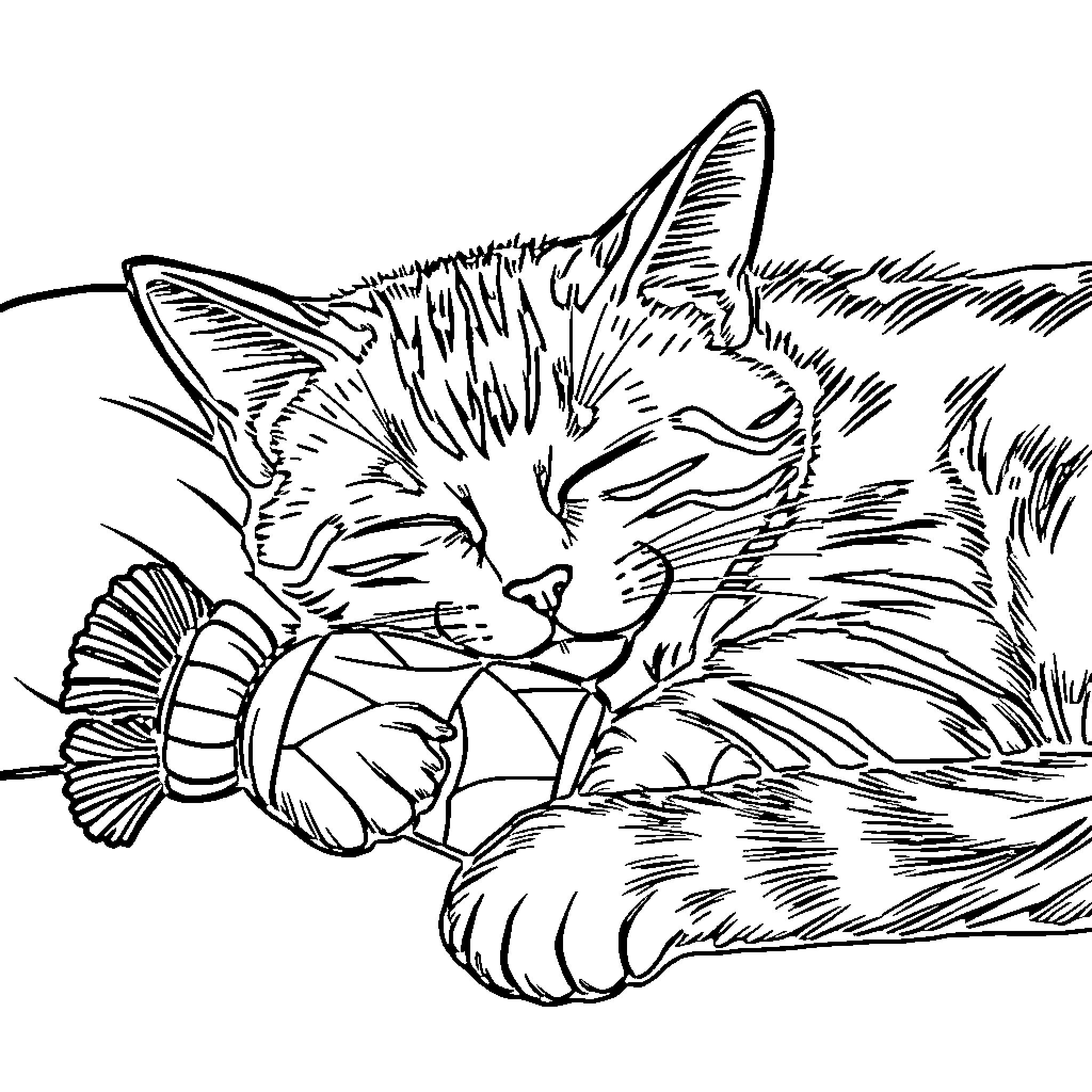 Cat napping contentedly in the outdoors Coloring Page (free black-and-white line drawing printable PDF for all, from beginners to advanced learners, including children, teens, adults, and seniors)