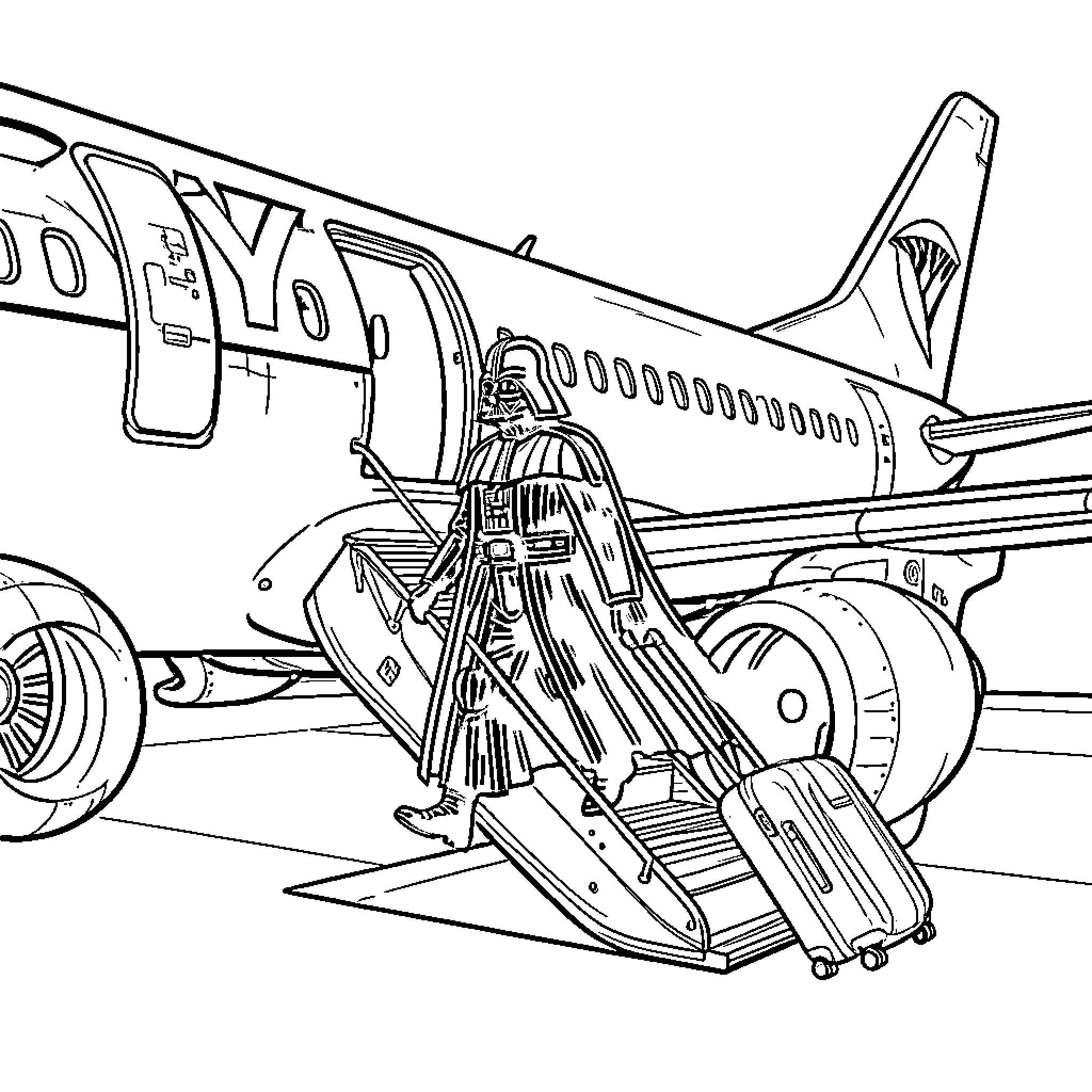Darth Vader standing by airplane boarding stairs with luggage Coloring Page (free black-and-white line drawing printable PDF for all, from beginners to advanced learners, including children, teens, adults, and seniors)