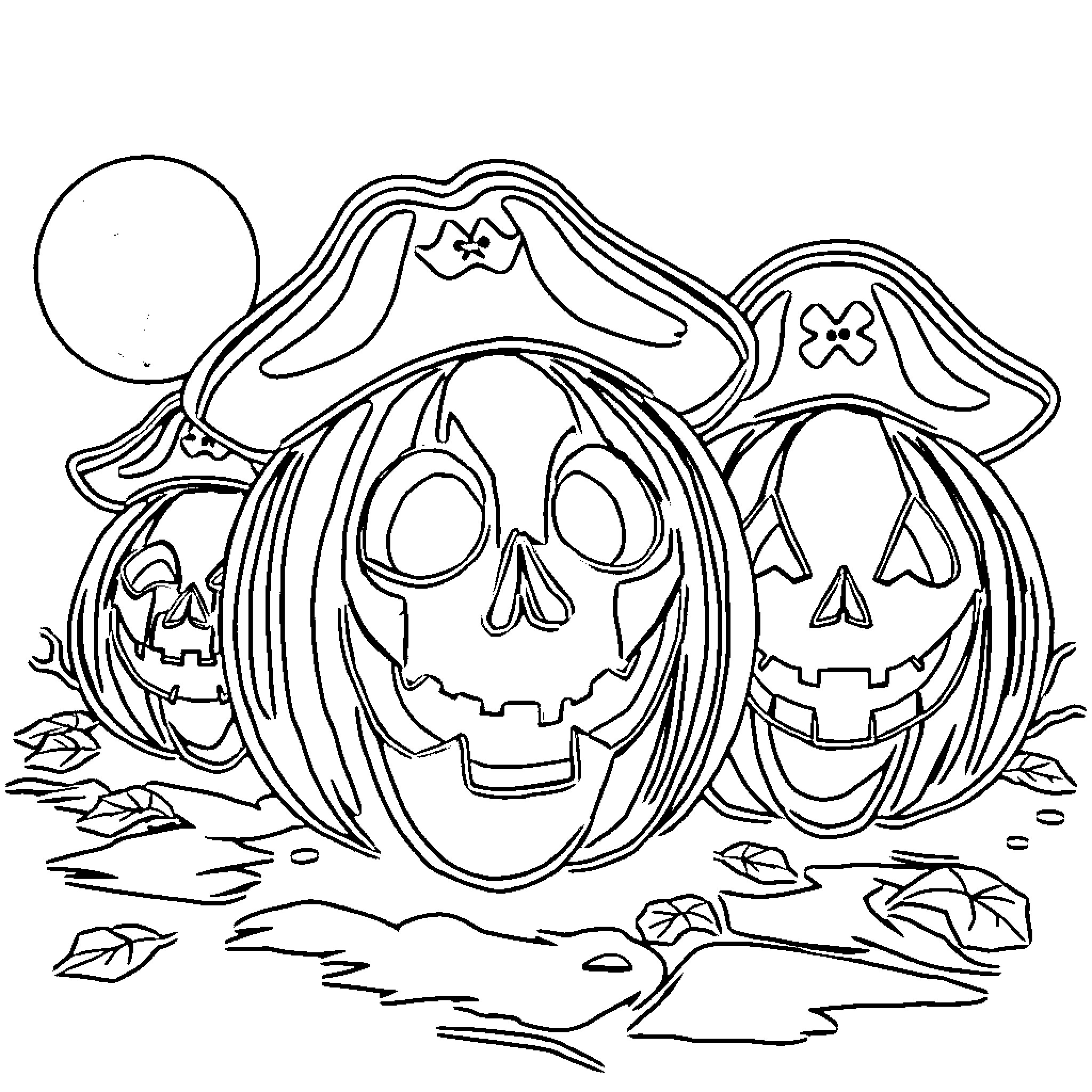 Pumpkins with Spooky Expressions and Pirate Hats Coloring Page (free black-and-white line drawing printable PDF for all, from beginners to advanced learners, including children, teens, adults, and seniors)