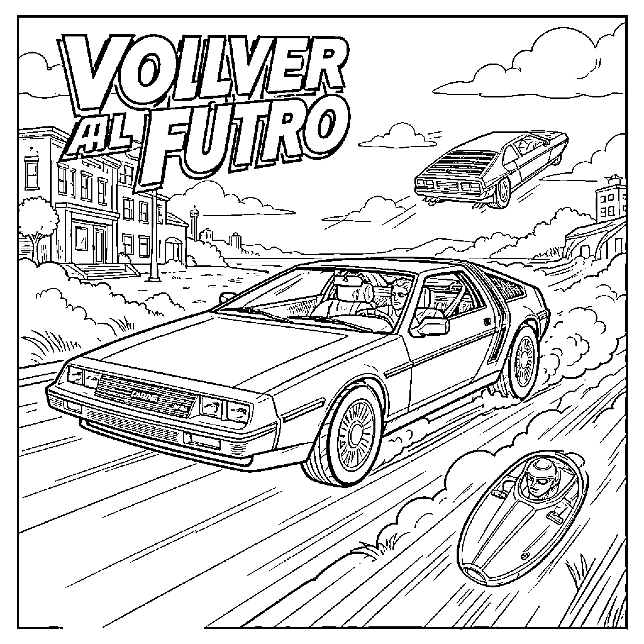 DeLorean cars in an adventurous cityscape Coloring Page (free black-and-white line drawing printable PDF for all, from beginners to advanced learners, including children, teens, adults, and seniors)
