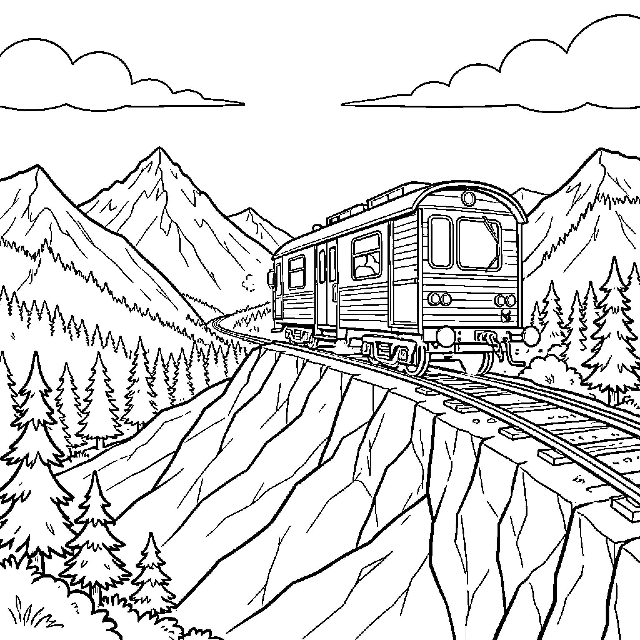 Trailer of train traveling through scenic mountain landscape Coloring Page (free black-and-white line drawing printable PDF for all, from beginners to advanced learners, including children, teens, adults, and seniors)