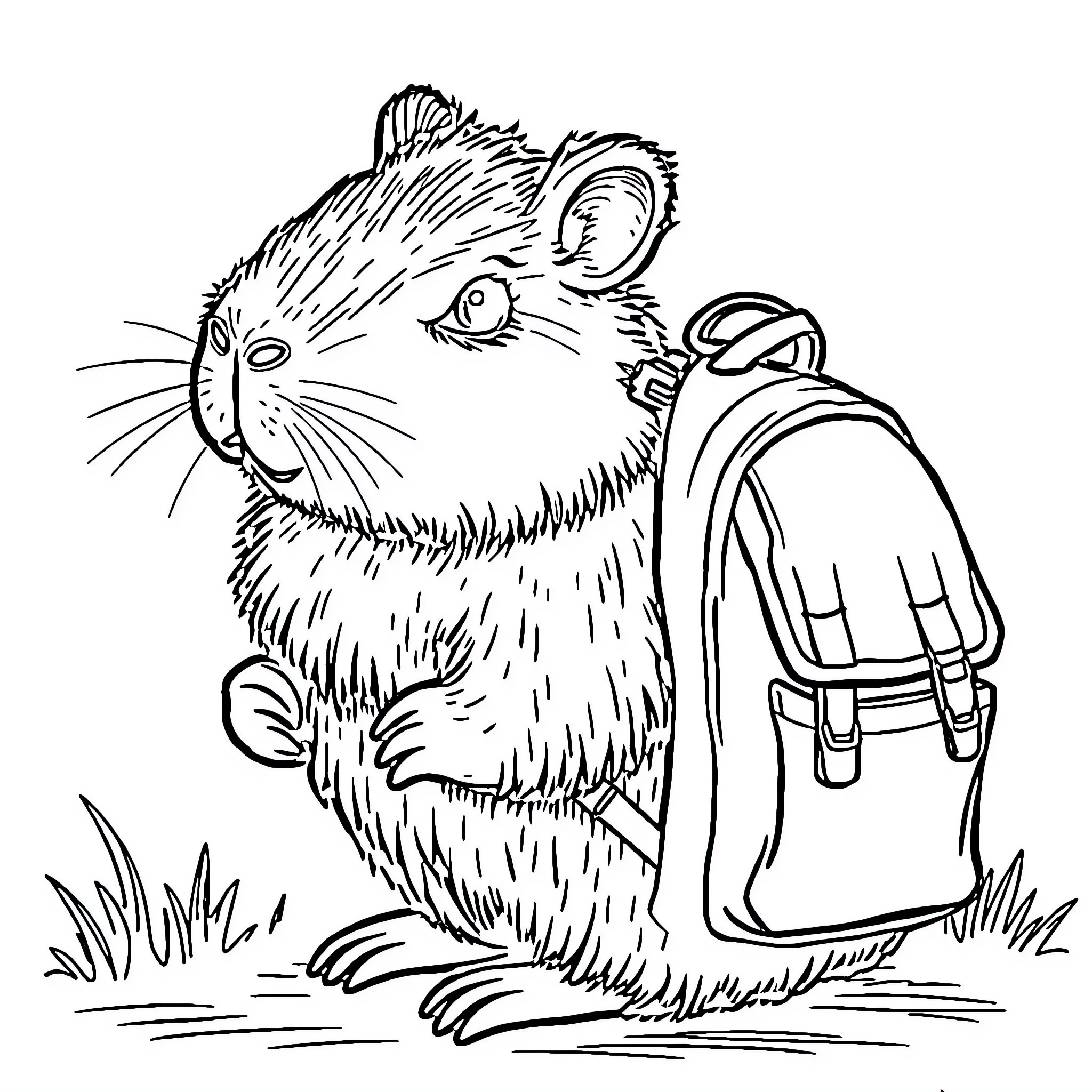 Capybara wearing a backpack in the wild Coloring Page (free black-and-white line drawing printable PDF for all, from beginners to advanced learners, including children, teens, adults, and seniors)