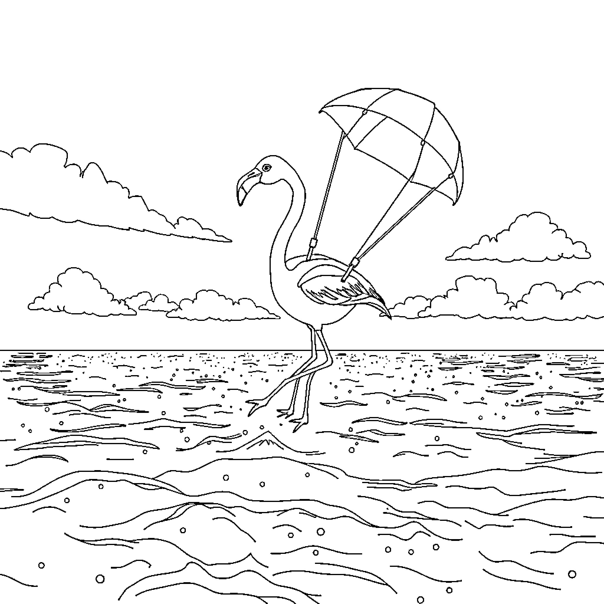 Flamingo soaring through the cloudy skies with a parasol Coloring Page (free black-and-white line drawing printable PDF for all, from beginners to advanced learners, including children, teens, adults, and seniors)