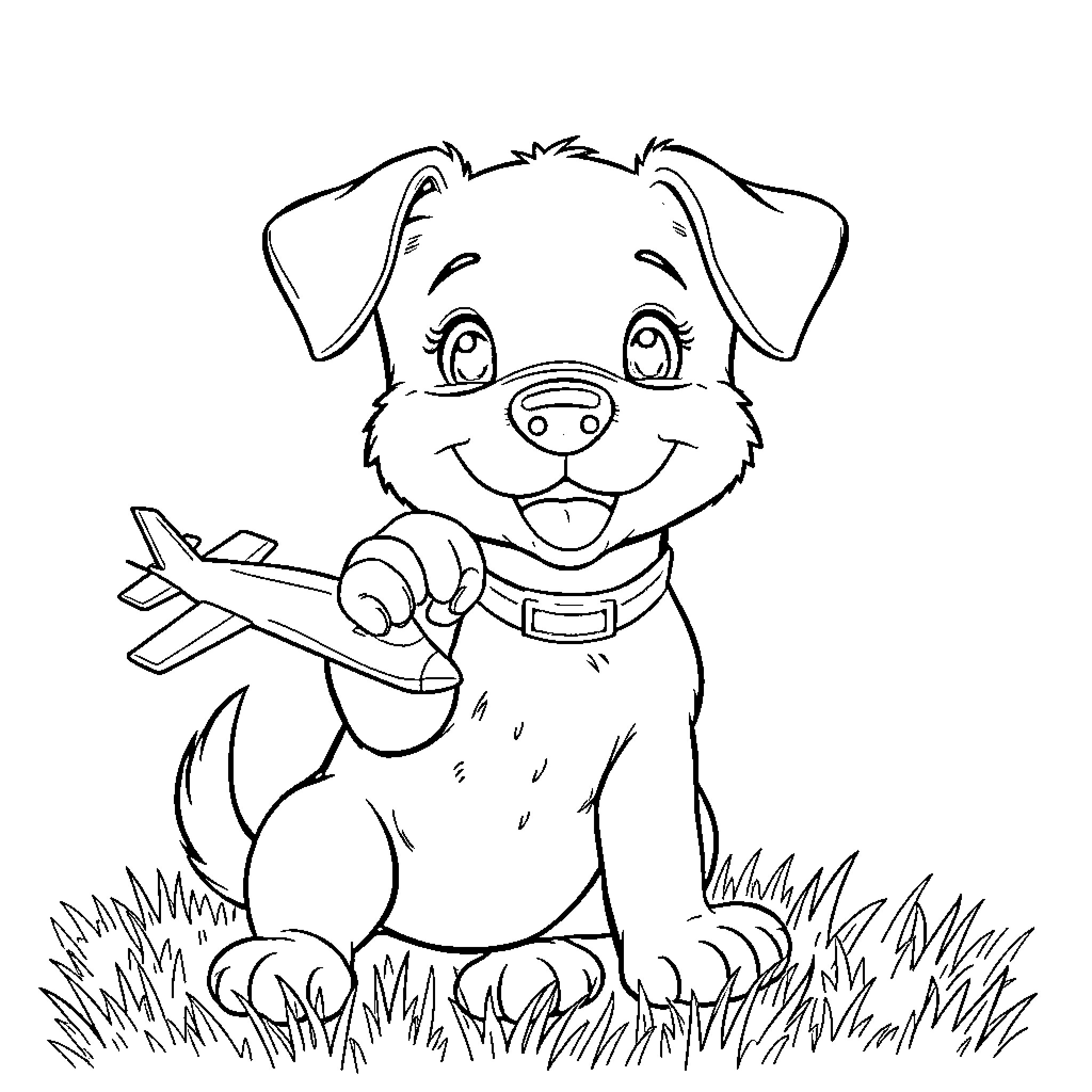 Dog playing with stick in the grass Coloring Page (free black-and-white line drawing printable PDF for all, from beginners to advanced learners, including children, teens, adults, and seniors)