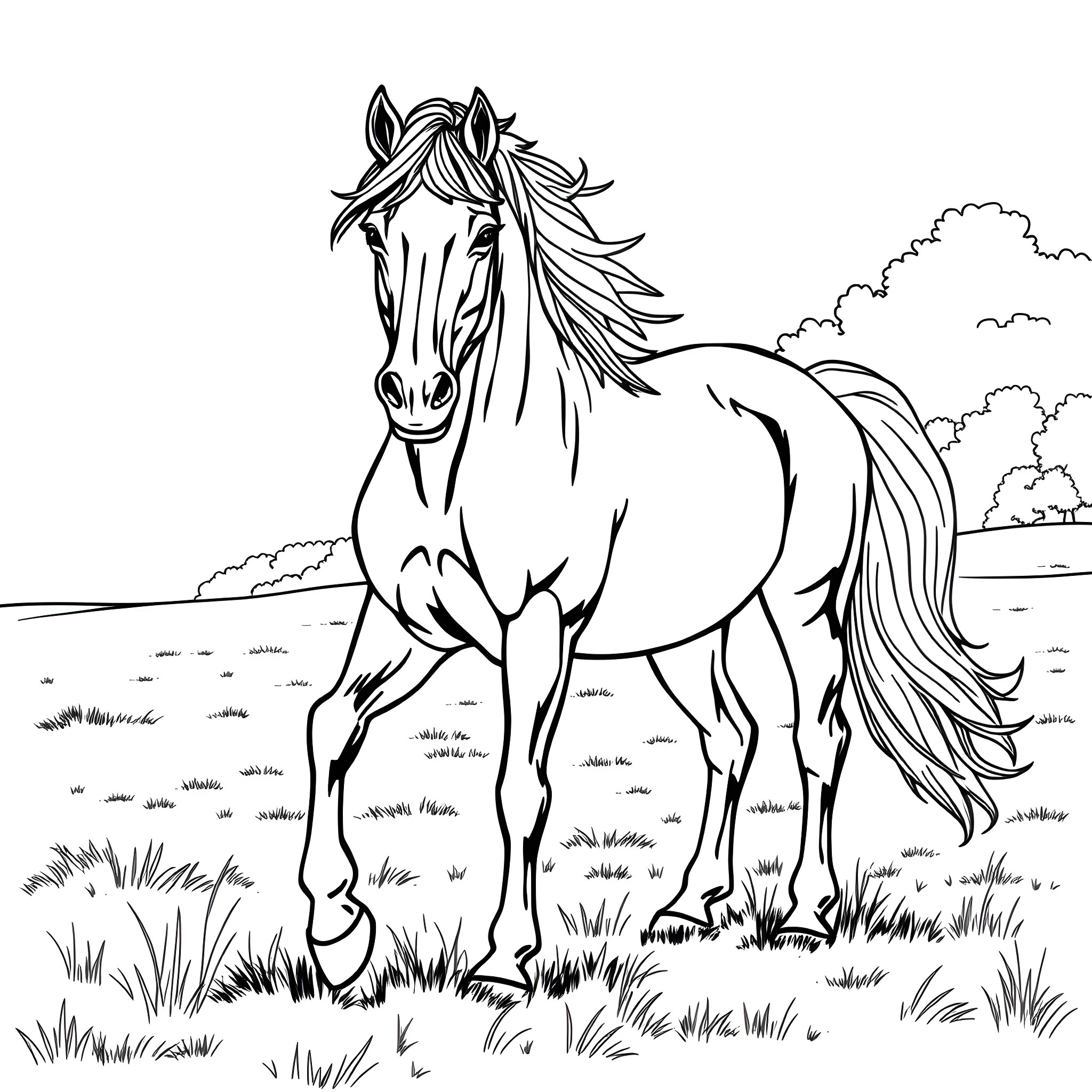 Horse standing majestically in a grassy field Coloring Page (free black-and-white line drawing printable PDF for all, from beginners to advanced learners, including children, teens, adults, and seniors)