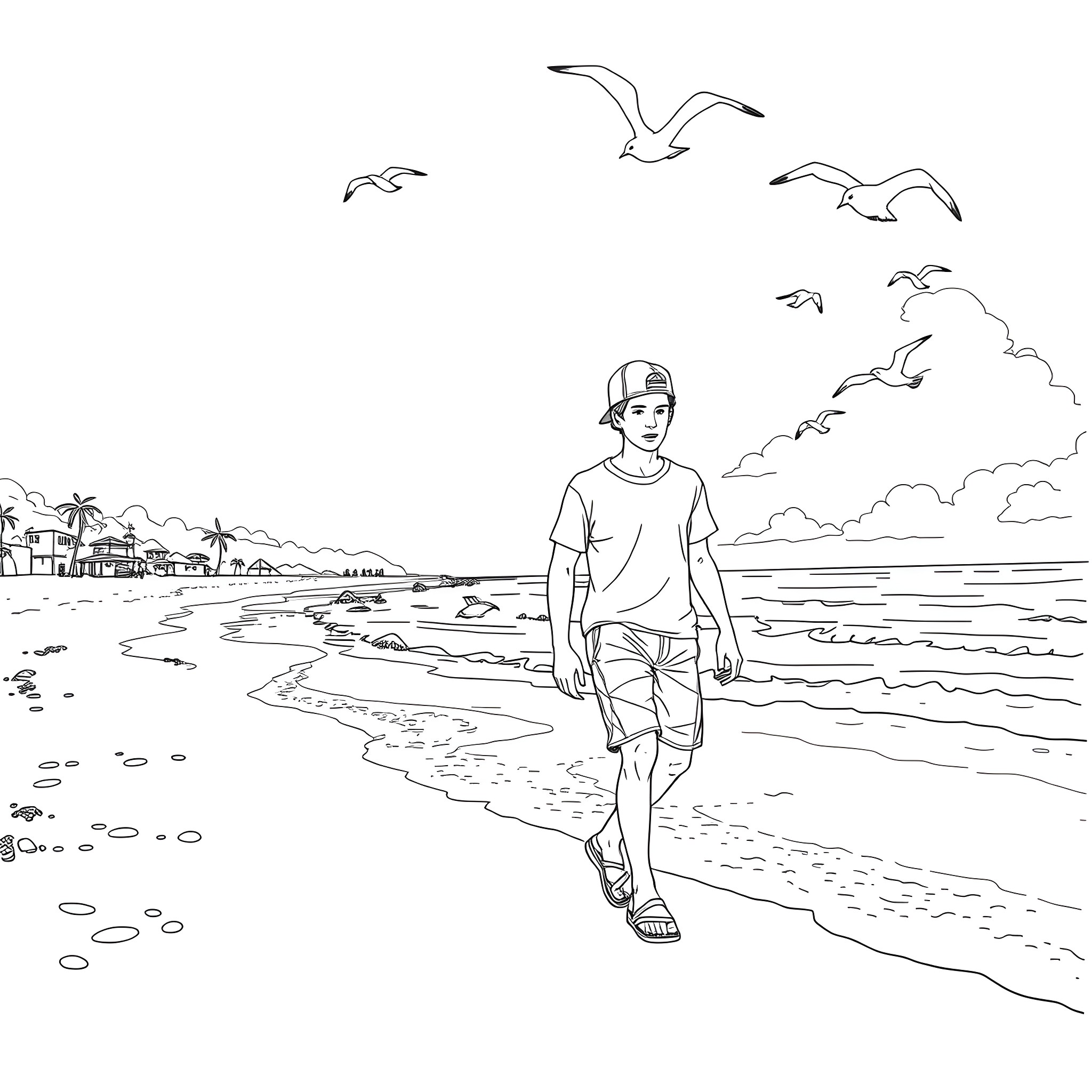 Teen Guy Strolling Along the Beachfront Coloring Page (free black-and-white line drawing printable PDF for all, from beginners to advanced learners, including children, teens, adults, and seniors)