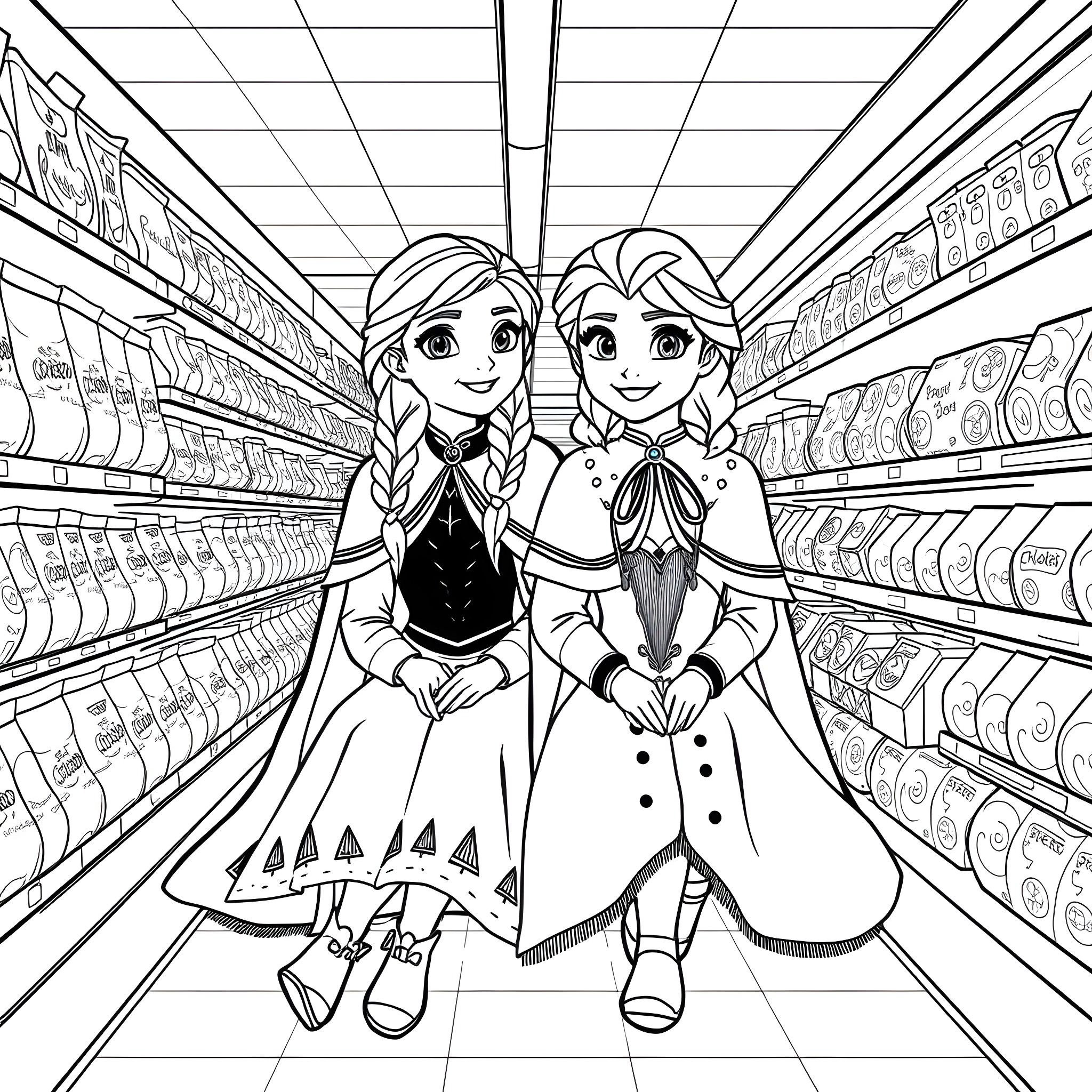 Anna and Elsa Exploring a Grocery Store Coloring Page (free black-and-white line drawing printable PDF for all, from beginners to advanced learners, including children, teens, adults, and seniors)