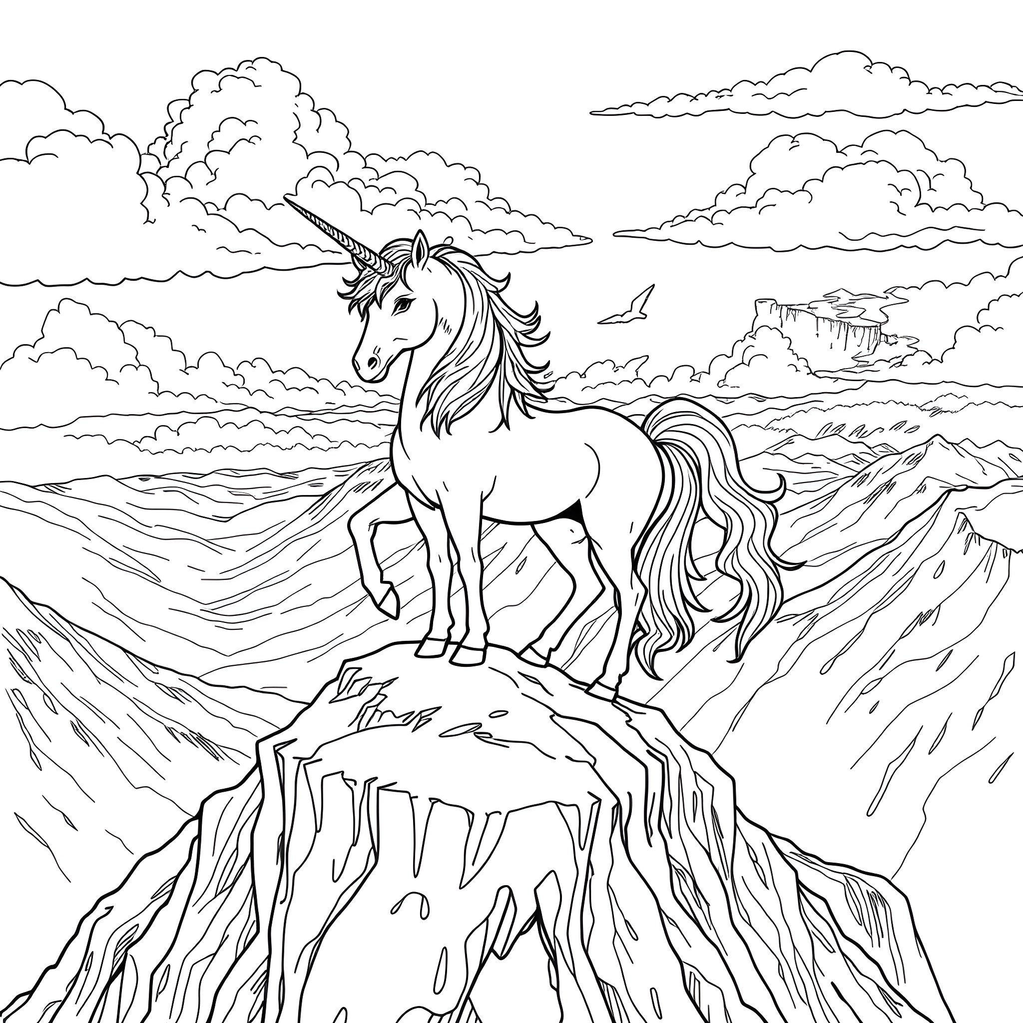 Unicorn standing proud on a rocky mountain peak Coloring Page (free black-and-white line drawing printable PDF for all, from beginners to advanced learners, including children, teens, adults, and seniors)