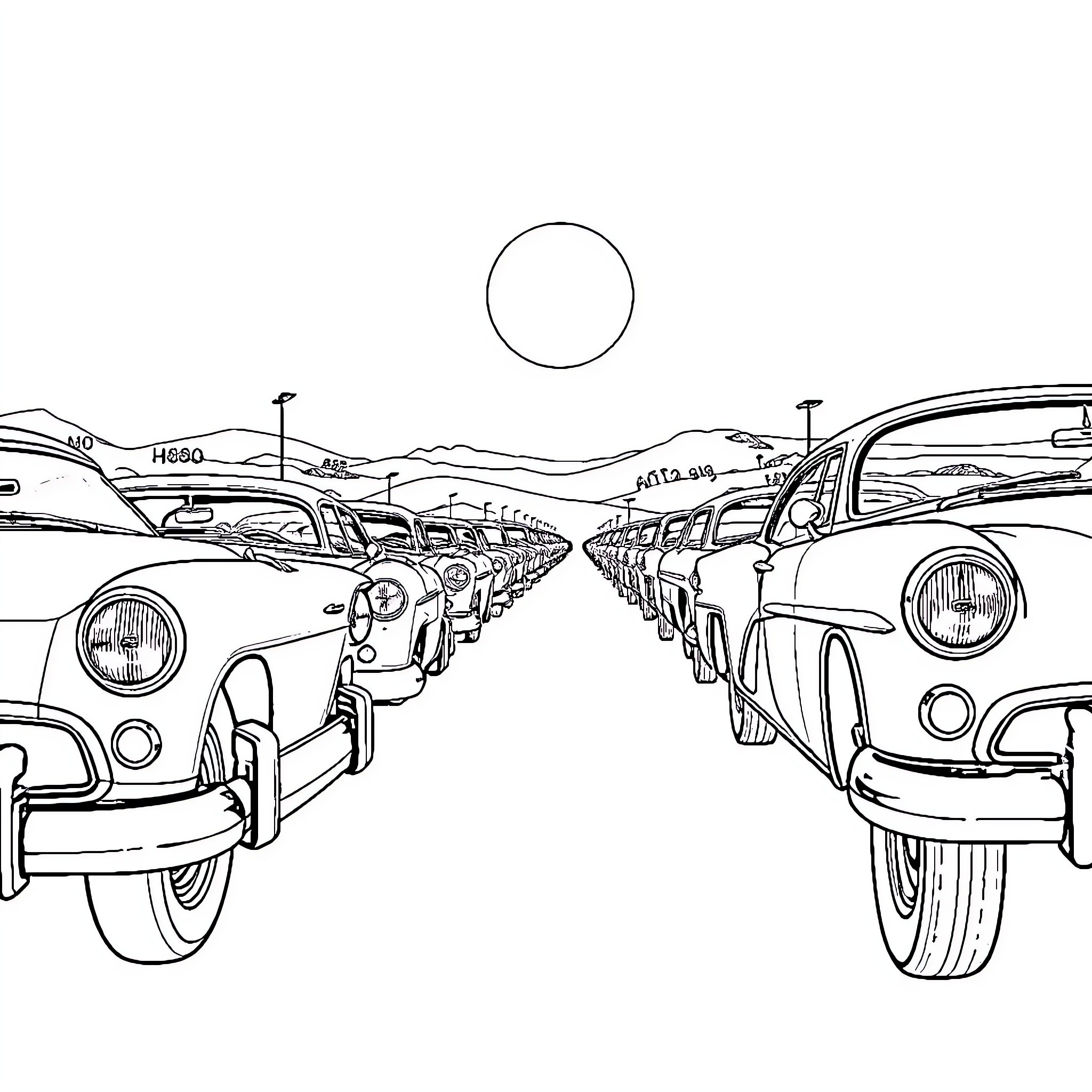 Car Enthusiasts Admiring Classic Vehicles in Scenic Landscape Coloring Page (free black-and-white line drawing printable PDF for all, from beginners to advanced learners, including children, teens, adults, and seniors)