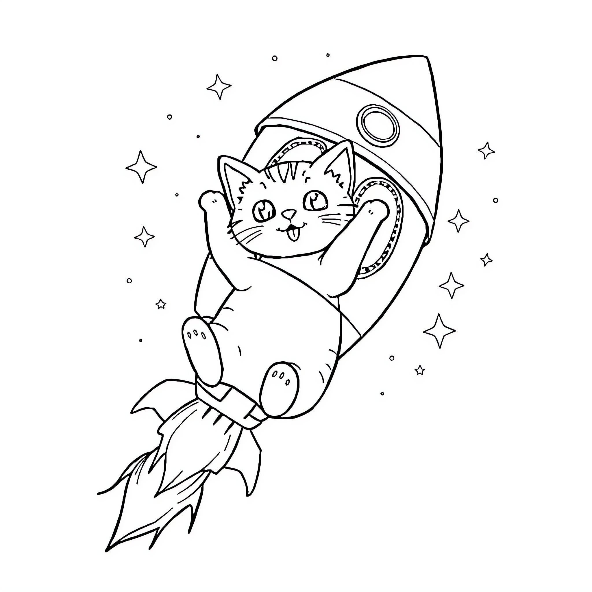 Cat riding a rocket in space Coloring Page (free black-and-white line drawing printable PDF for all, from beginners to advanced learners, including children, teens, adults, and seniors)