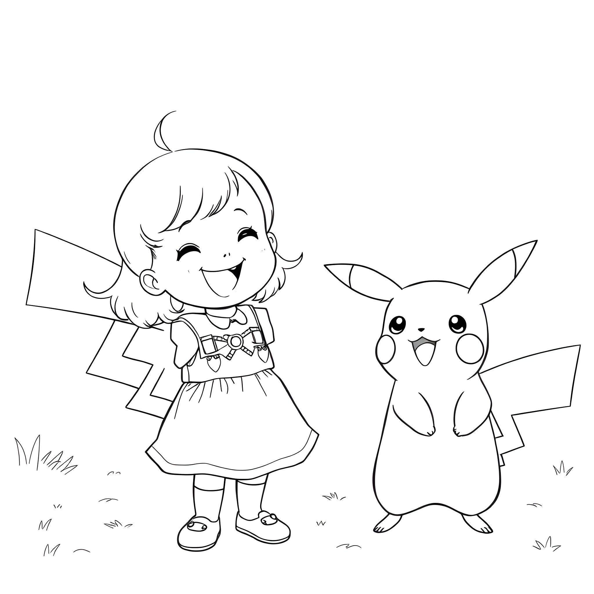 Pikachu and a cheerful girl in a field Coloring Page (free black-and-white line drawing printable PDF for all, from beginners to advanced learners, including children, teens, adults, and seniors)