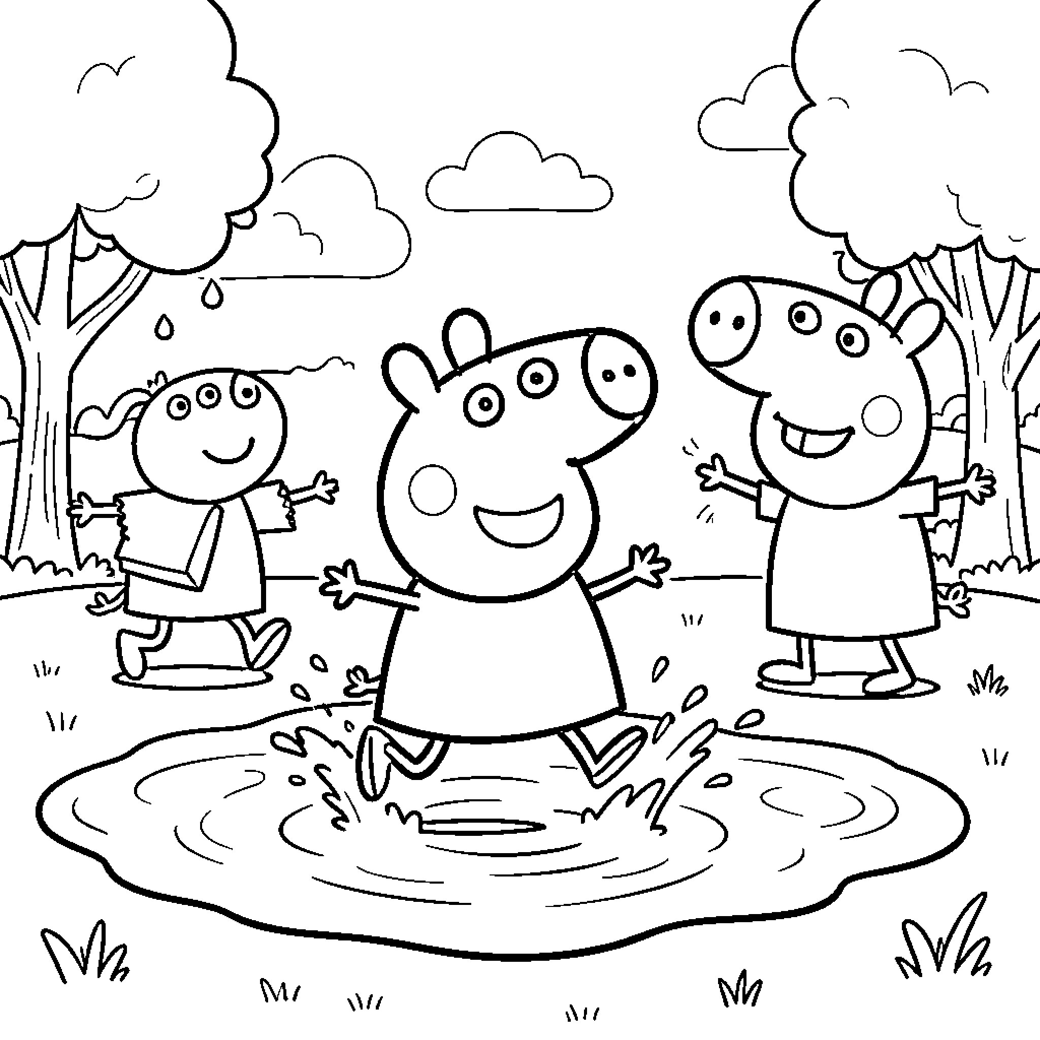 Peppa and friends jumping in a muddy puddle Coloring Page (free black-and-white line drawing printable PDF for all, from beginners to advanced learners, including children, teens, adults, and seniors)