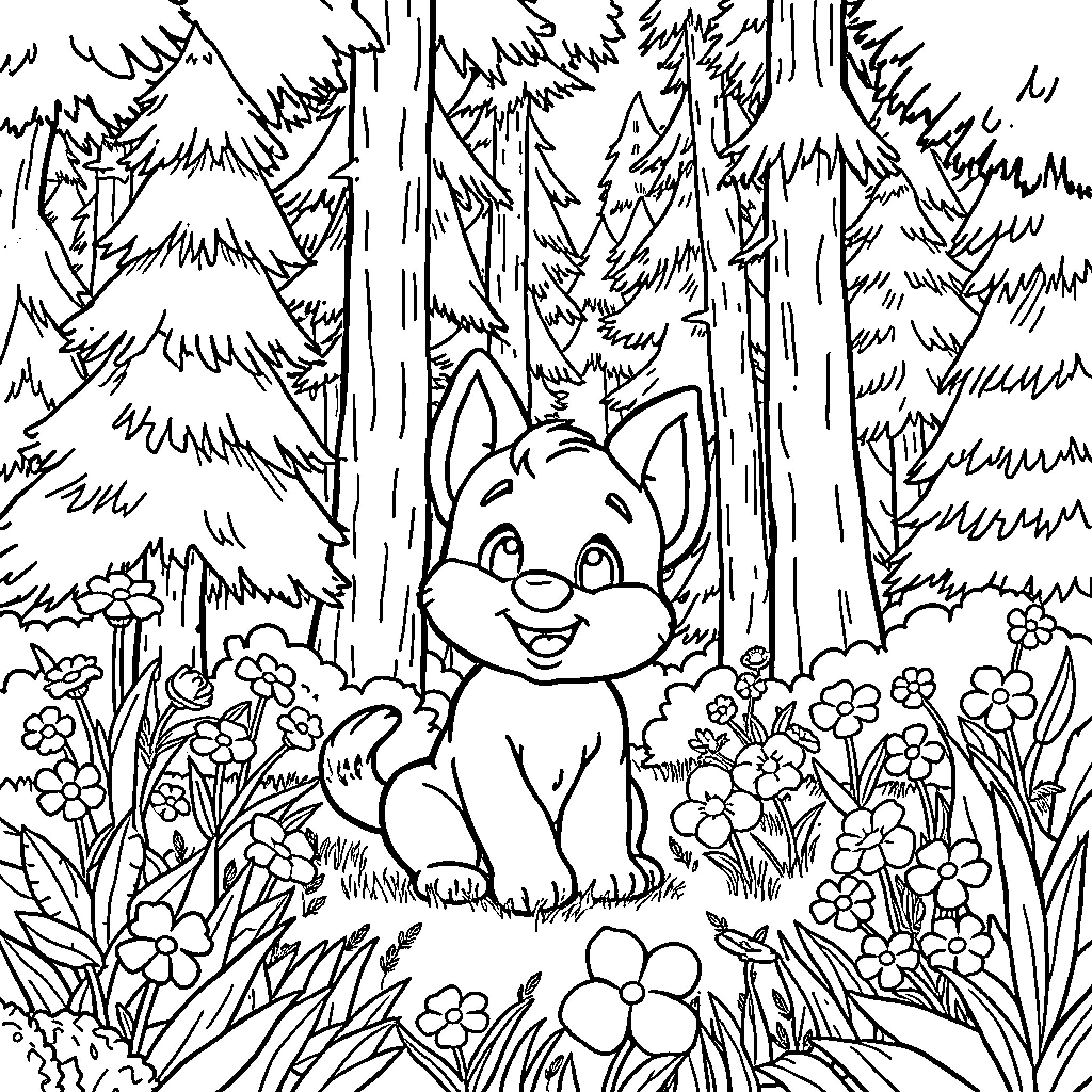 Bluey's Woodland Adventure Coloring Page (free black-and-white line drawing printable PDF for all, from beginners to advanced learners, including children, teens, adults, and seniors)