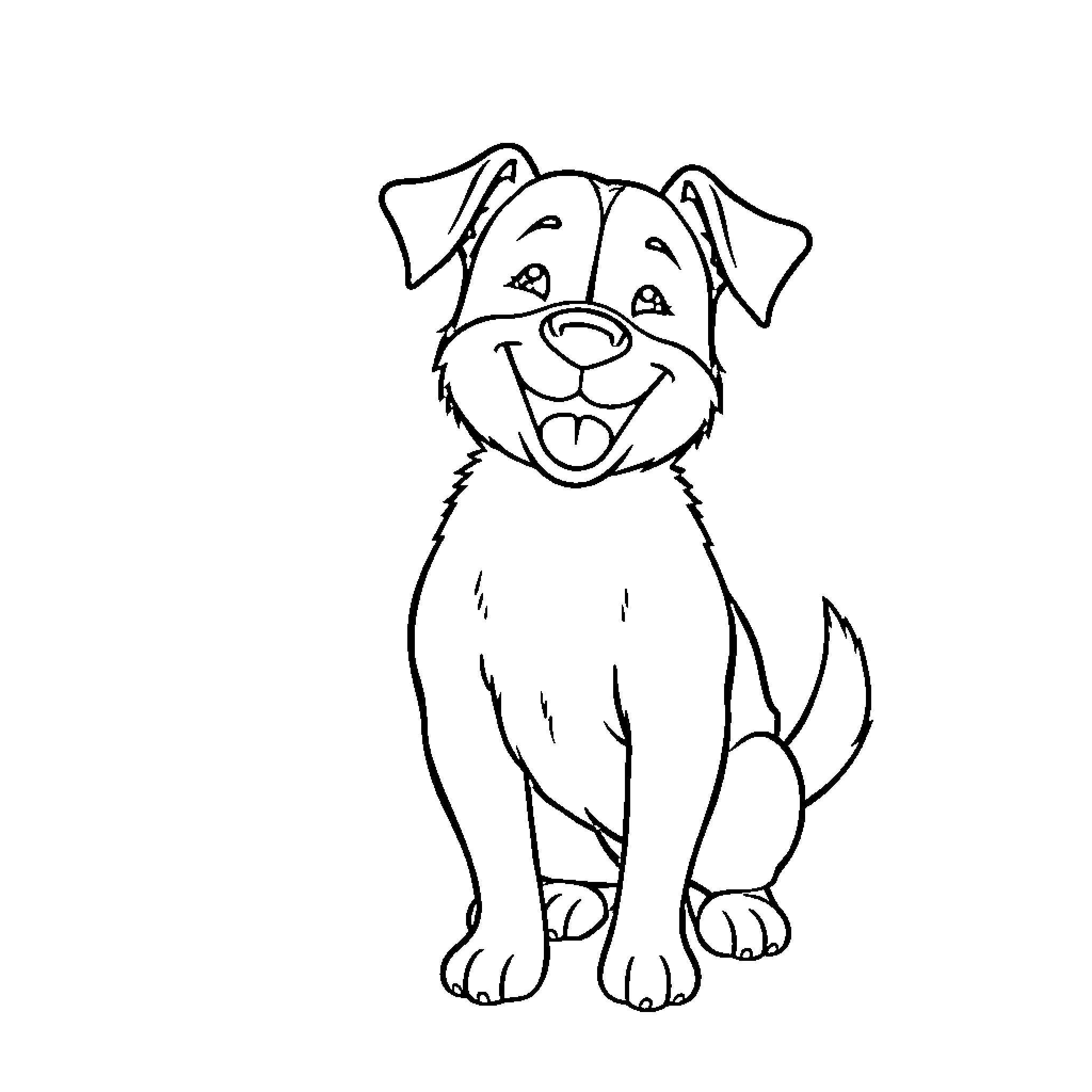 Dog sitting happily and wagging its tail Coloring Page (free black-and-white line drawing printable PDF for all, from beginners to advanced learners, including children, teens, adults, and seniors)