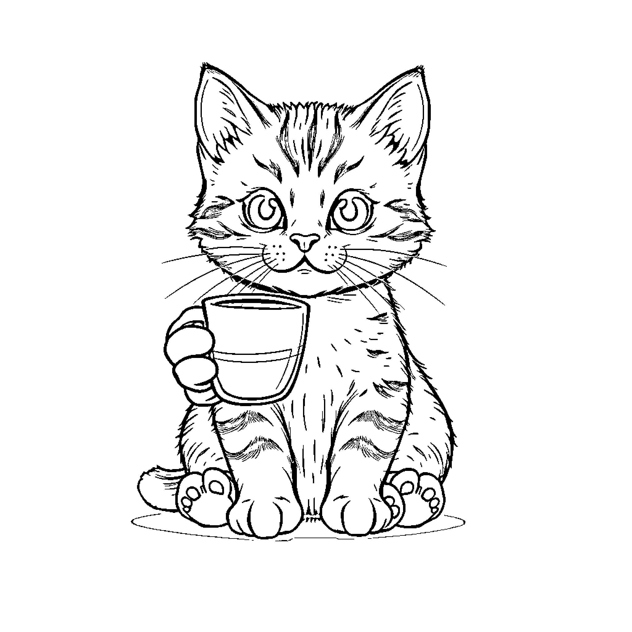 Chat with Playful Kitten Enjoying a Cozy Drink Coloring Page (free black-and-white line drawing printable PDF for all, from beginners to advanced learners, including children, teens, adults, and seniors)