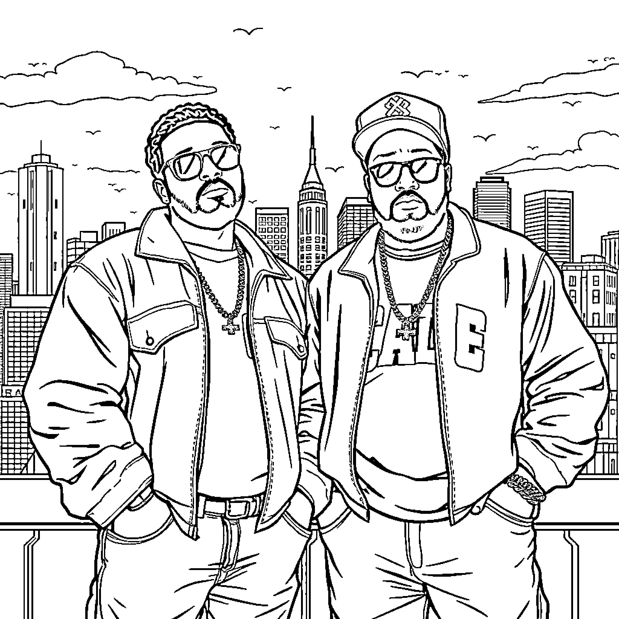 Ice Cube Two Men in City Skyline Coloring Page (free black-and-white line drawing printable PDF for all, from beginners to advanced learners, including children, teens, adults, and seniors)