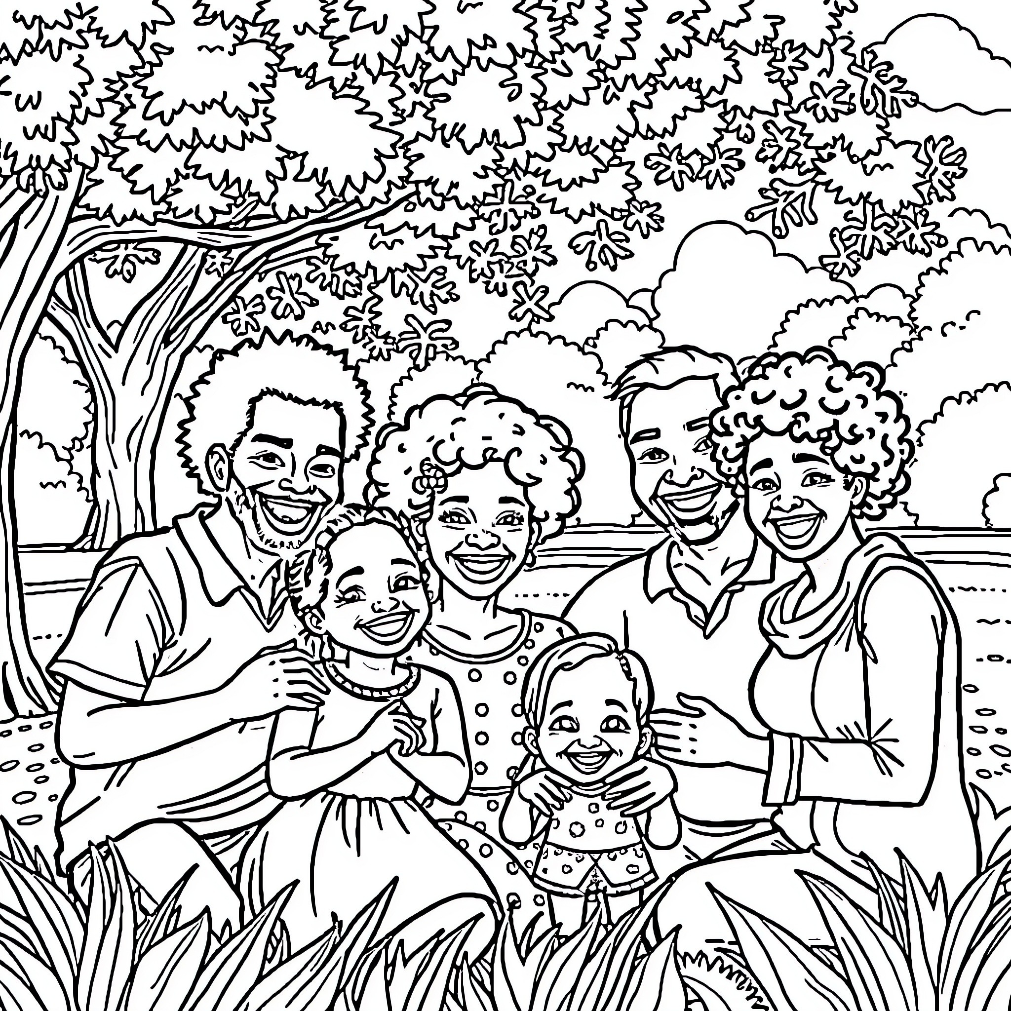 Family enjoying a scenic outdoor adventure Coloring Page (free black-and-white line drawing printable PDF for all, from beginners to advanced learners, including children, teens, adults, and seniors)
