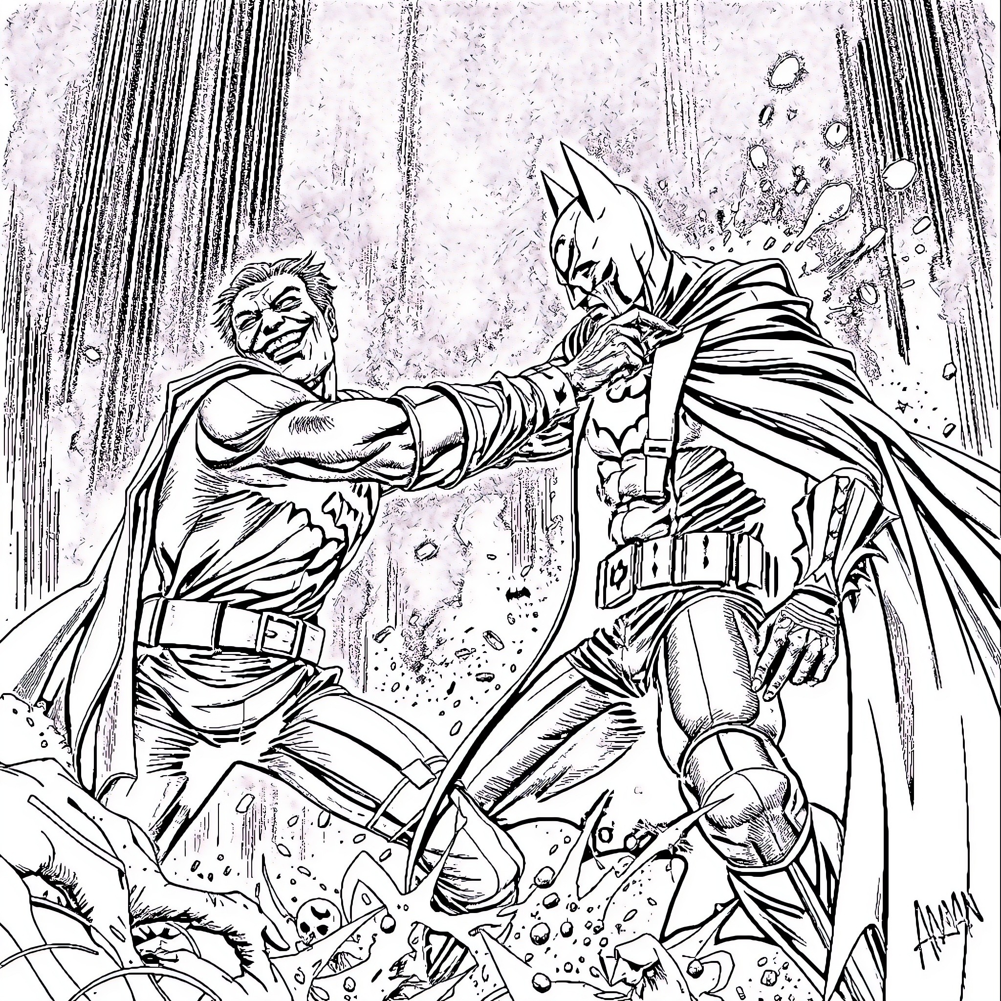 Batman battles a supervillain in an intense fight Coloring Page (free black-and-white line drawing printable PDF for all, from beginners to advanced learners, including children, teens, adults, and seniors)