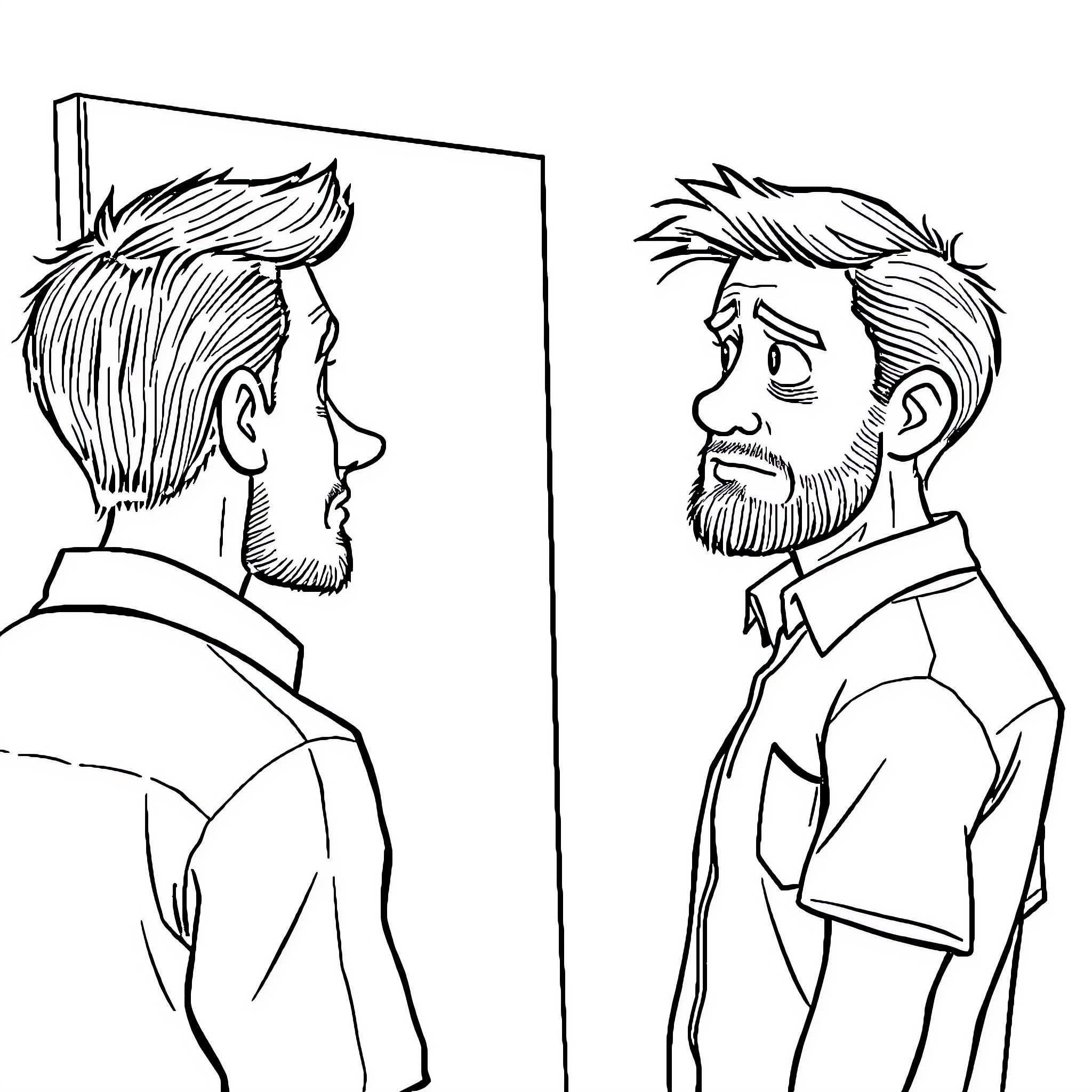 Man gazes at reflection in mirror Coloring Page (free black-and-white line drawing printable PDF for all, from beginners to advanced learners, including children, teens, adults, and seniors)