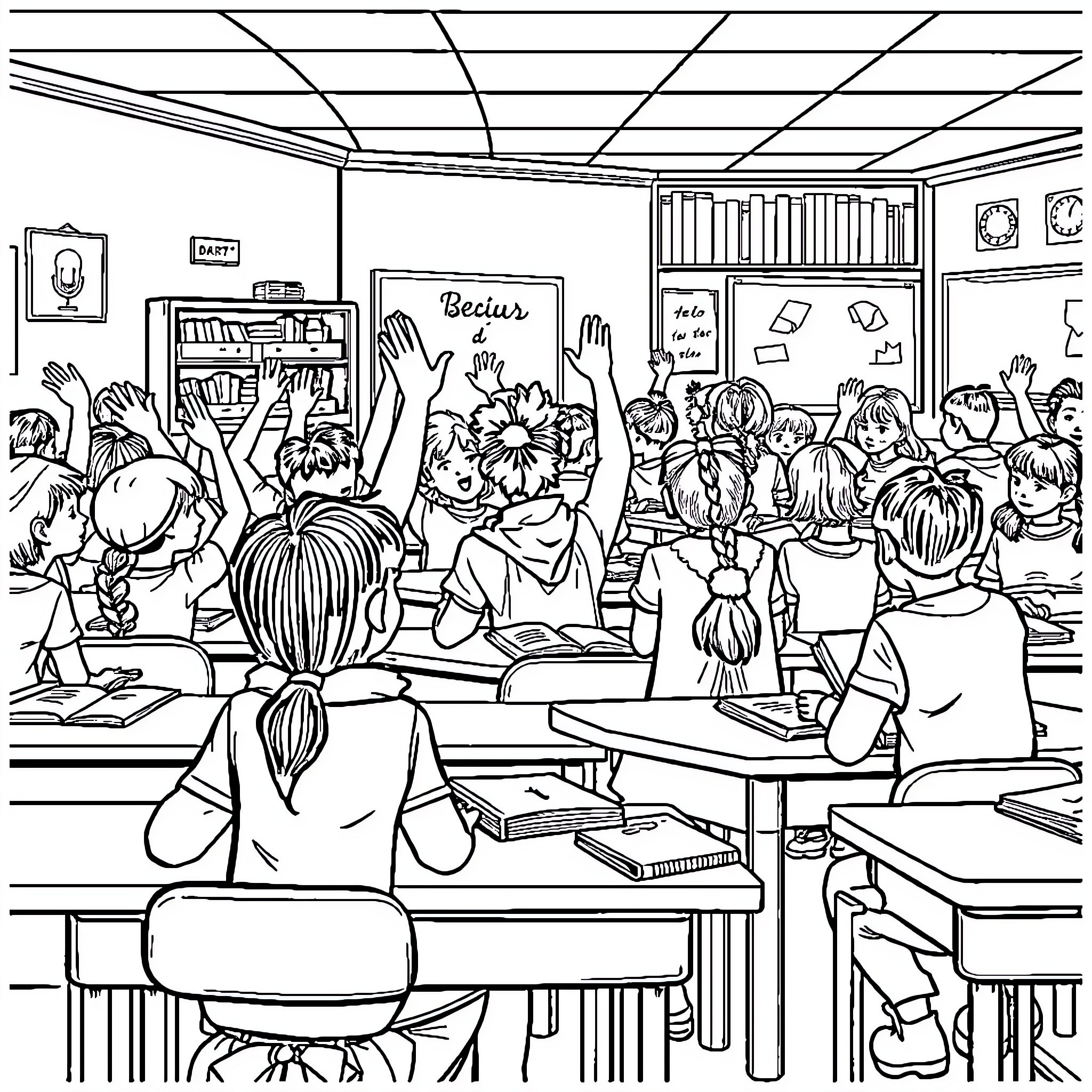 Students raising hands in classroom setting Coloring Page (free black-and-white line drawing printable PDF for all, from beginners to advanced learners, including children, teens, adults, and seniors)