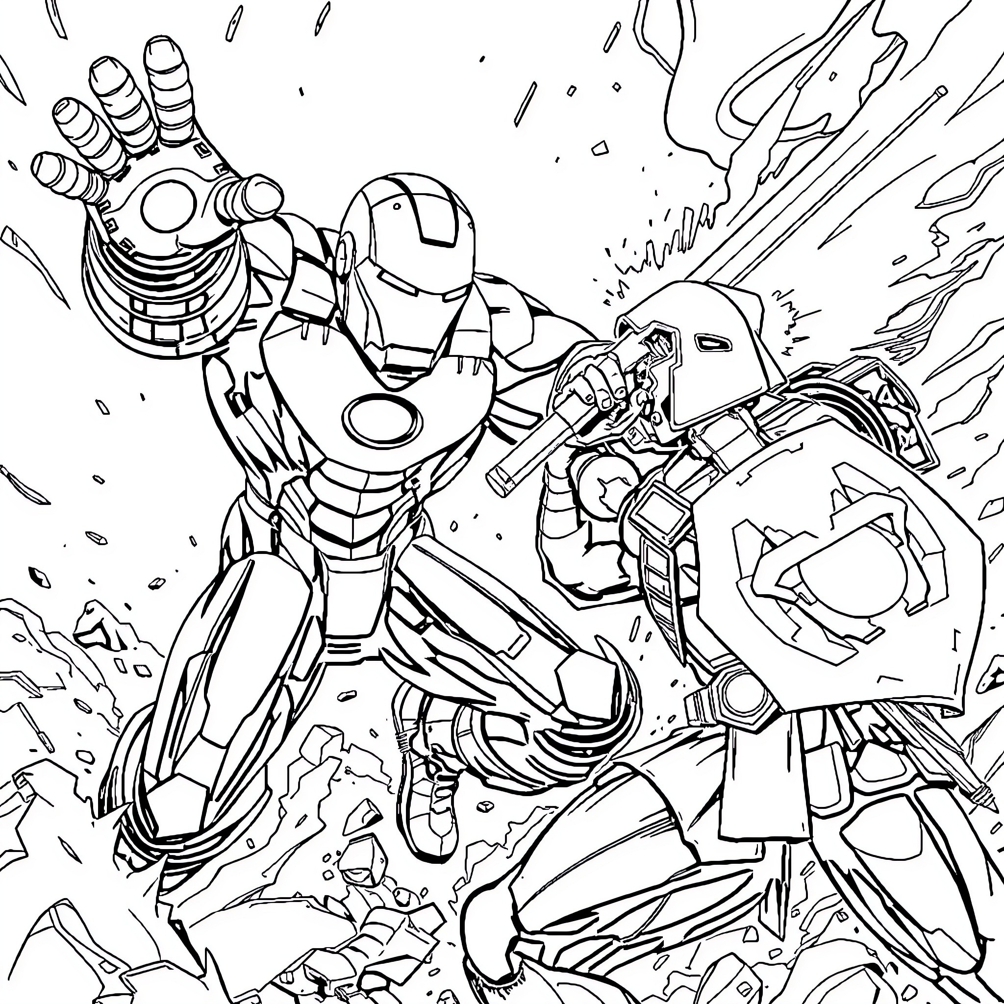 Ironman battles against a powerful enemy in a dramatic scene Coloring Page (free black-and-white line drawing printable PDF for all, from beginners to advanced learners, including children, teens, adults, and seniors)