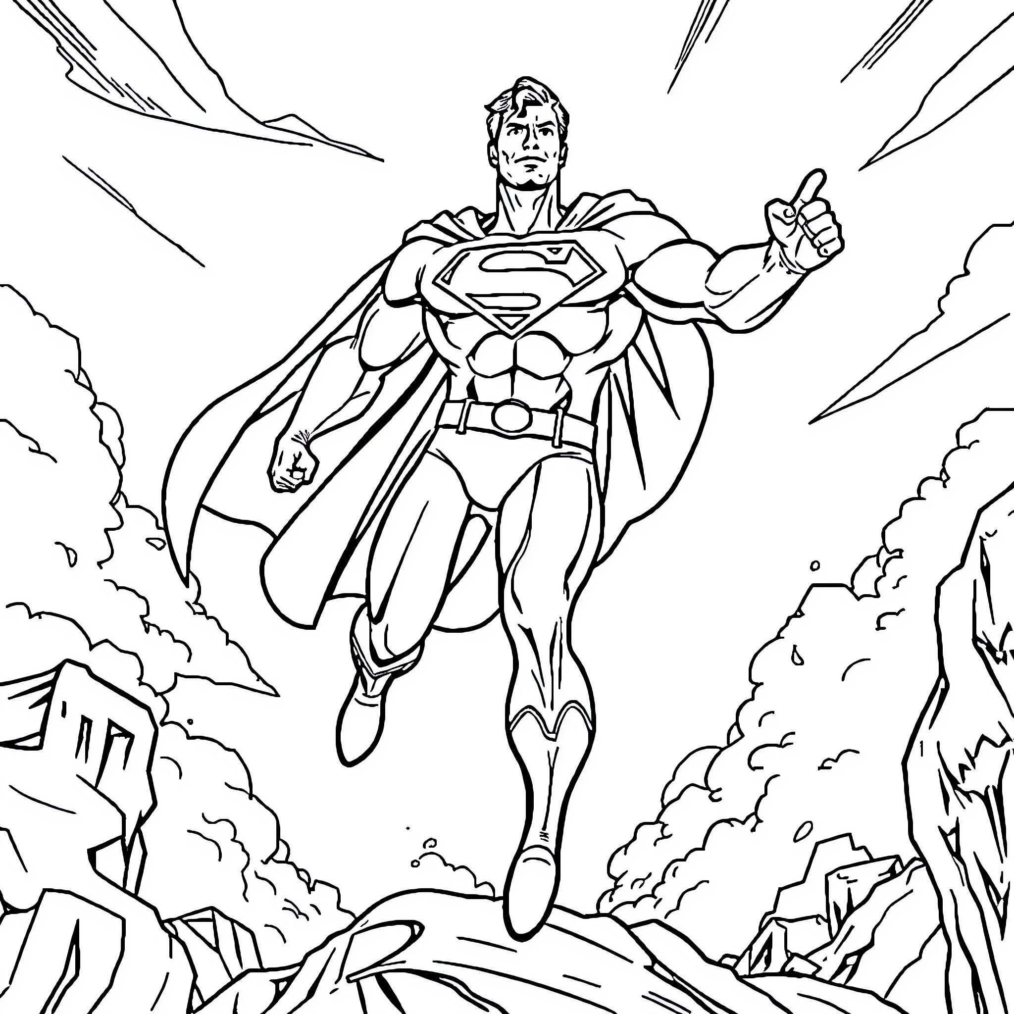 Superman soaring through the air with determination Coloring Page (free black-and-white line drawing printable PDF for all, from beginners to advanced learners, including children, teens, adults, and seniors)