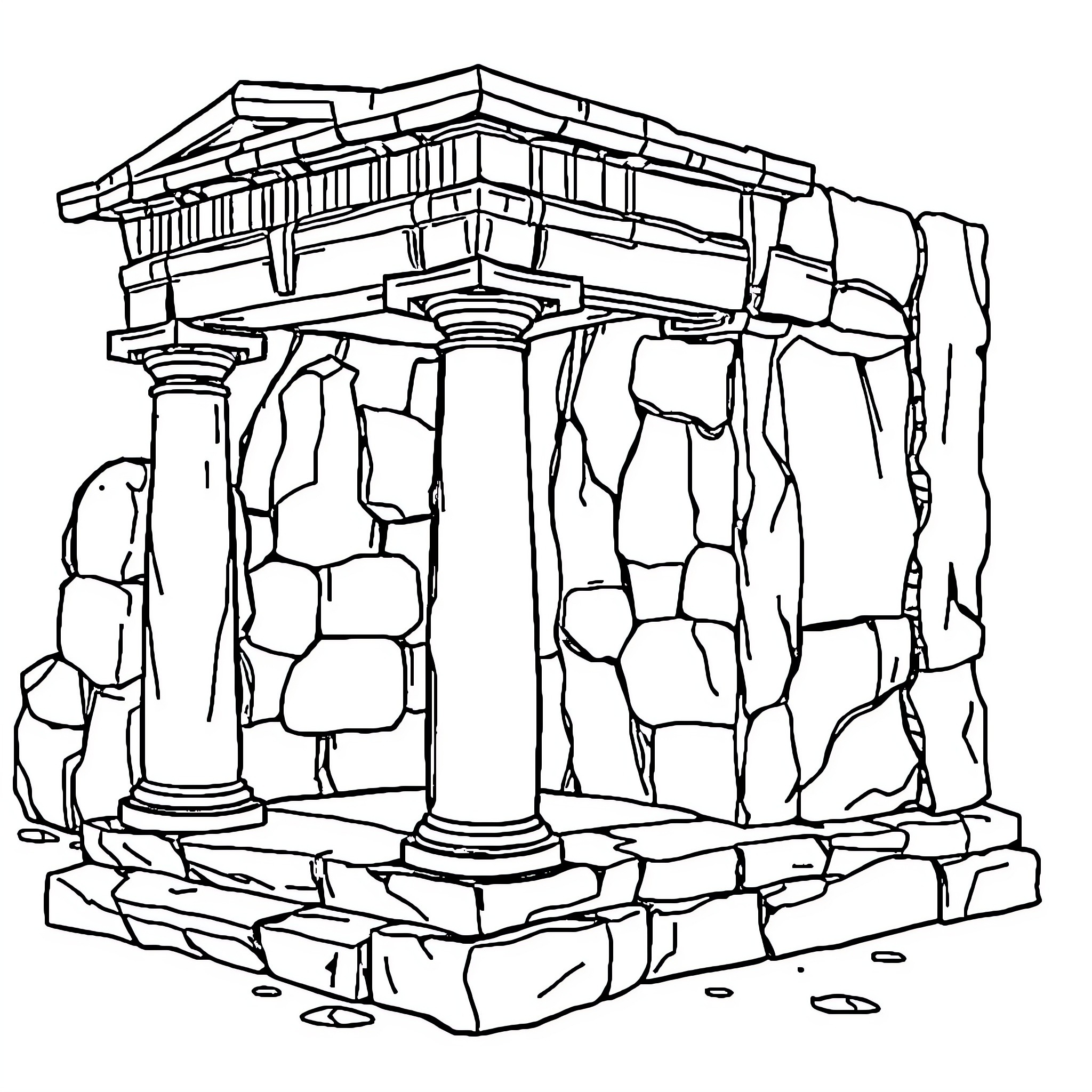 Ancient Stone Border with Ancient Architecture Coloring Page (free black-and-white line drawing printable PDF for all, from beginners to advanced learners, including children, teens, adults, and seniors)