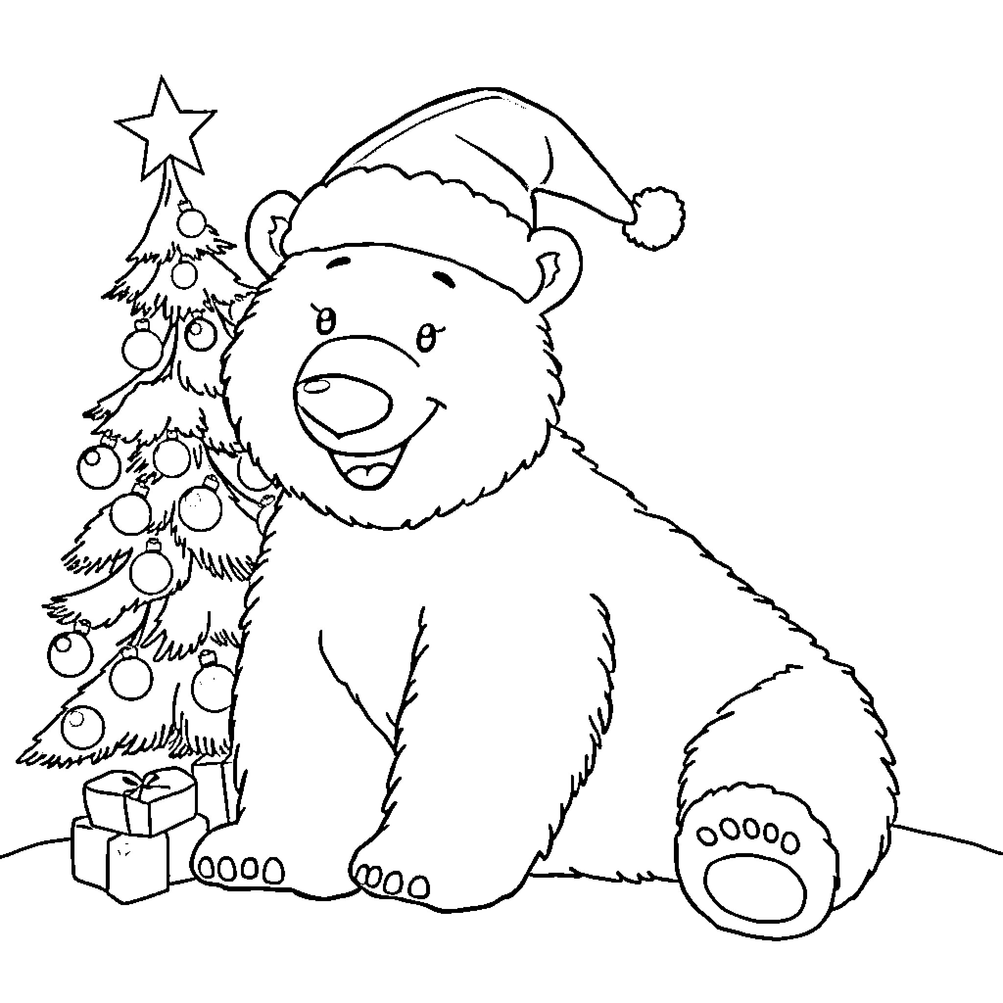 Polar Bear celebrating Christmas with festive tree Coloring Page (free black-and-white line drawing printable PDF for all, from beginners to advanced learners, including children, teens, adults, and seniors)
