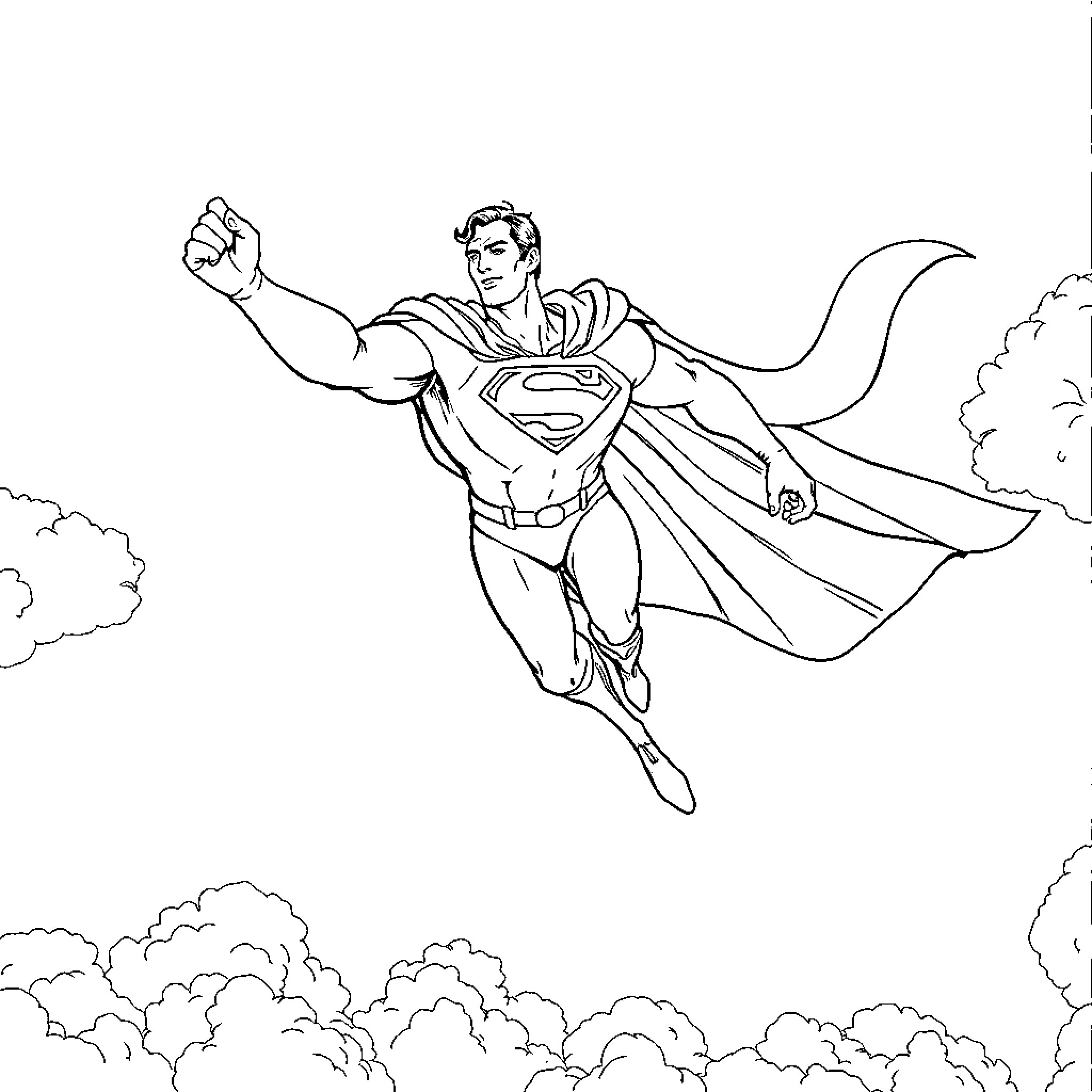 Superman soaring through the clouds with determination Coloring Page (free black-and-white line drawing printable PDF for all, from beginners to advanced learners, including children, teens, adults, and seniors)