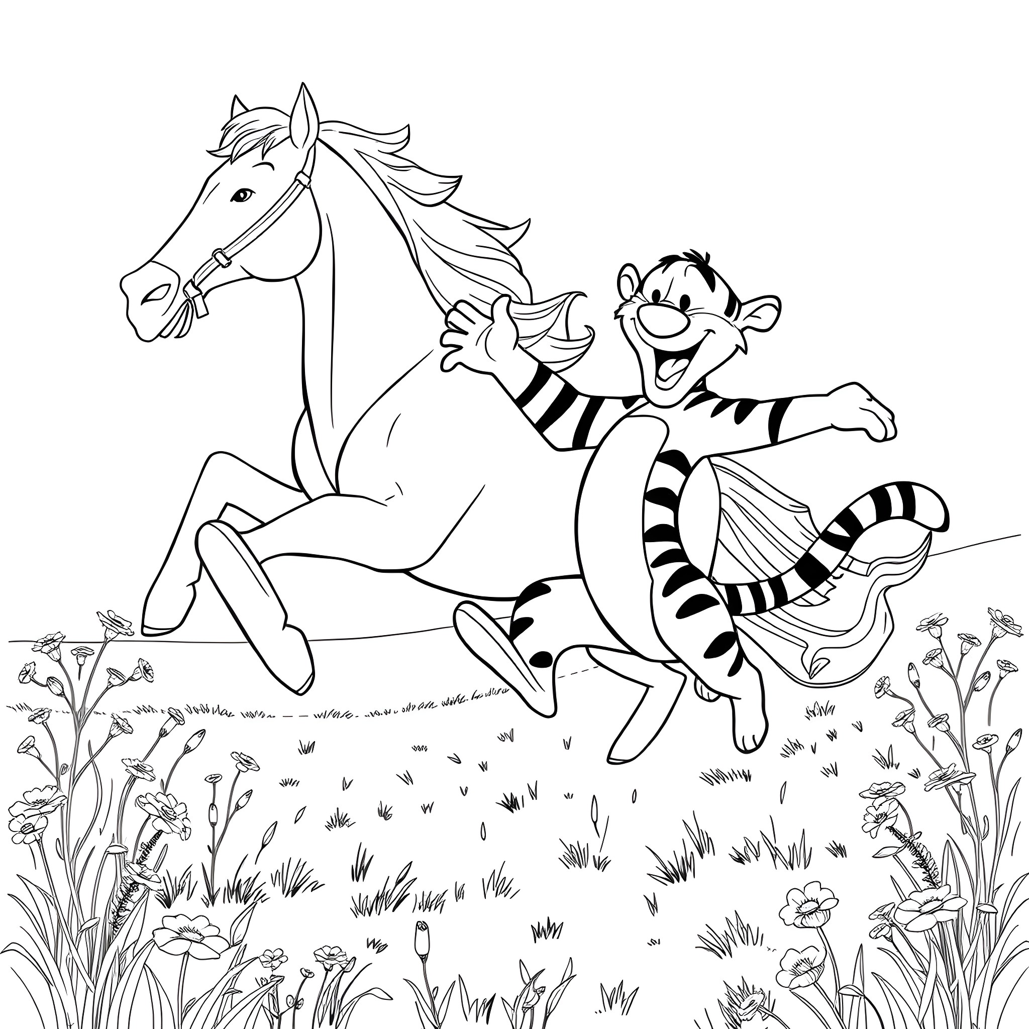 Tigger chasing a horse in a meadow Coloring Page (free black-and-white line drawing printable PDF for all, from beginners to advanced learners, including children, teens, adults, and seniors)