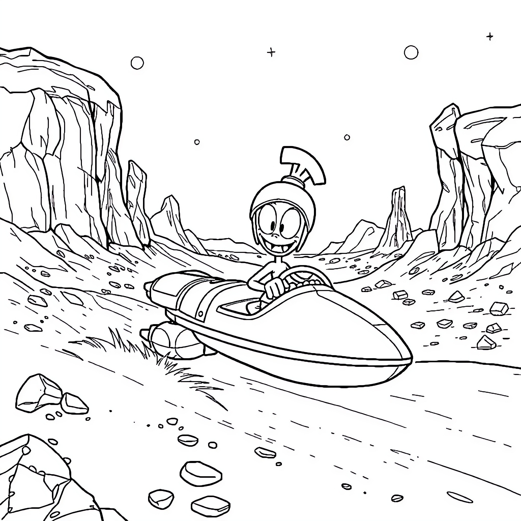 Marvin's Futuristic Space Adventure Coloring Page (free black-and-white line drawing printable PDF for all, from beginners to advanced learners, including children, teens, adults, and seniors)